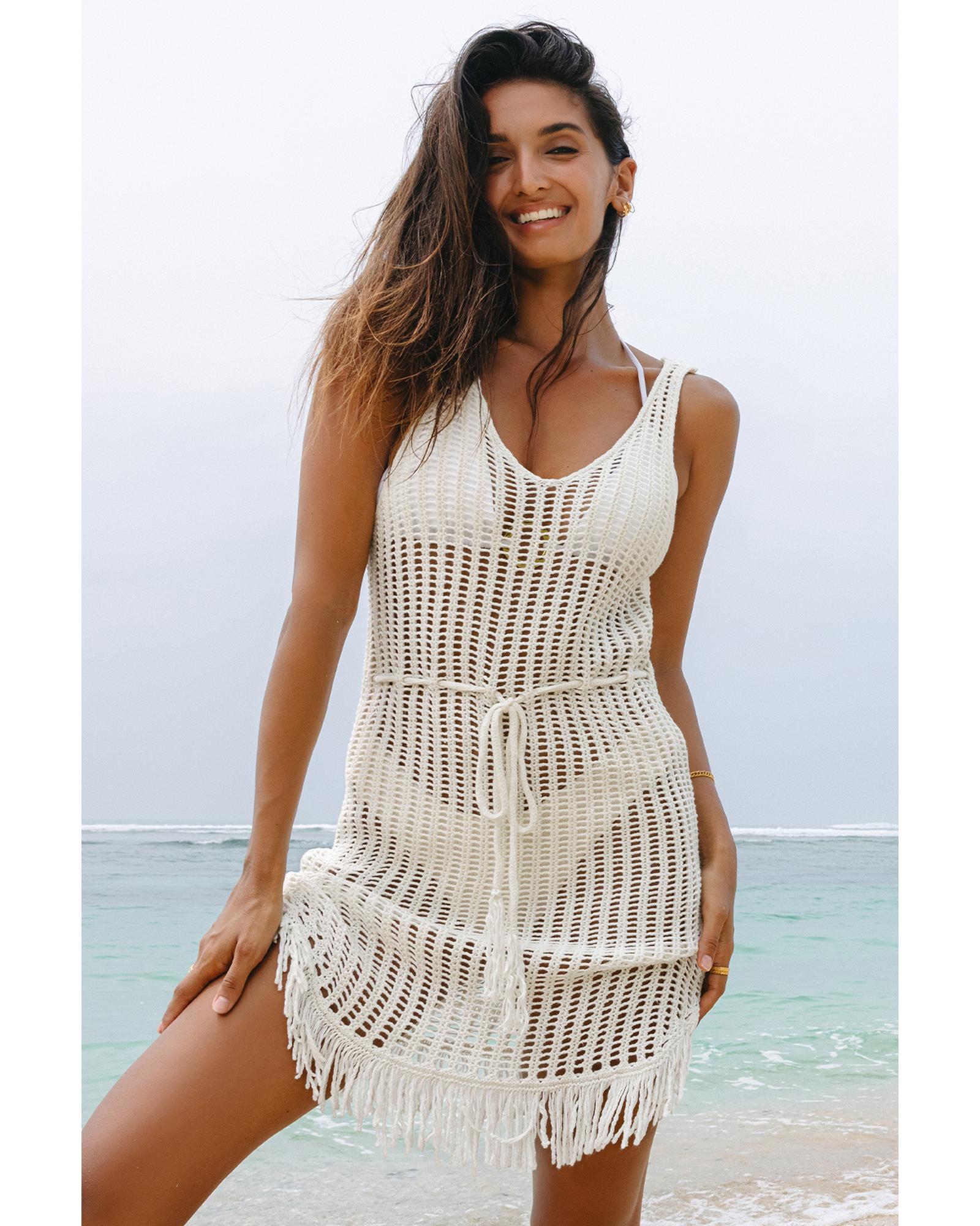White Crochet Fishnet Fringed Edge V Neck Beach Cover Up - L