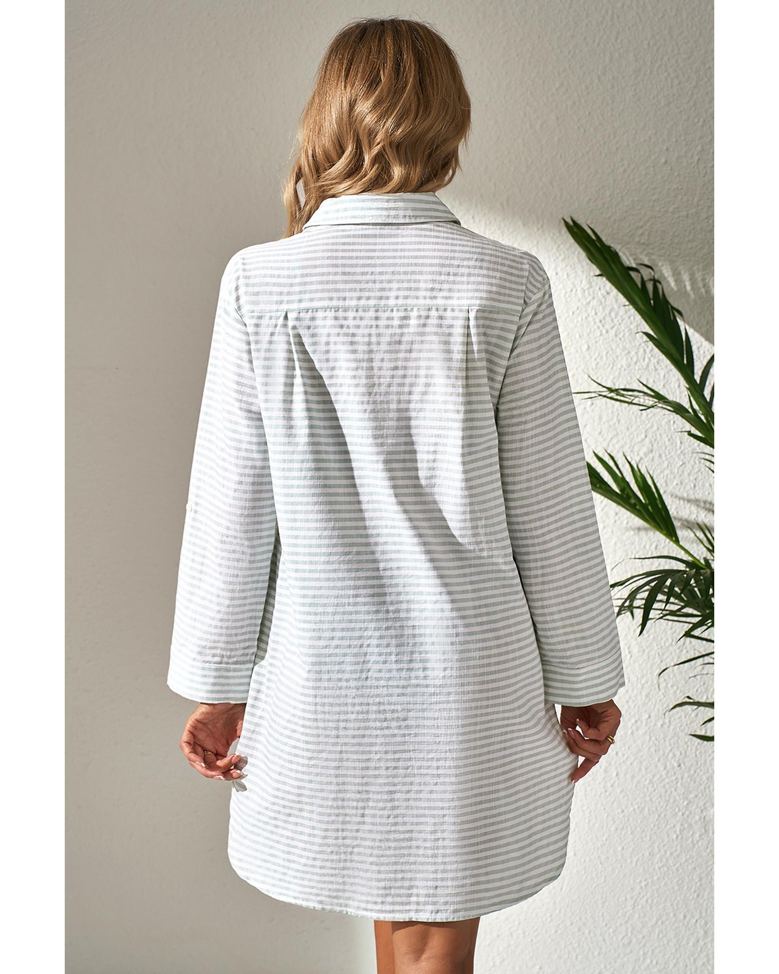 White Stripe Collared V Neck Chest Pocket Long Sleeve Beach Cover up - L
