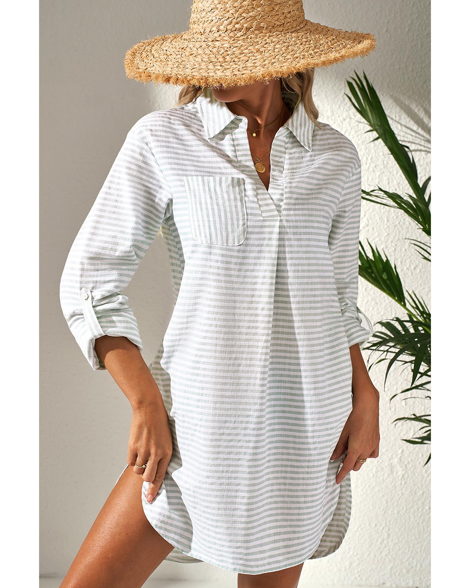 White Stripe Collared V Neck Chest Pocket Long Sleeve Beach Cover up - XL