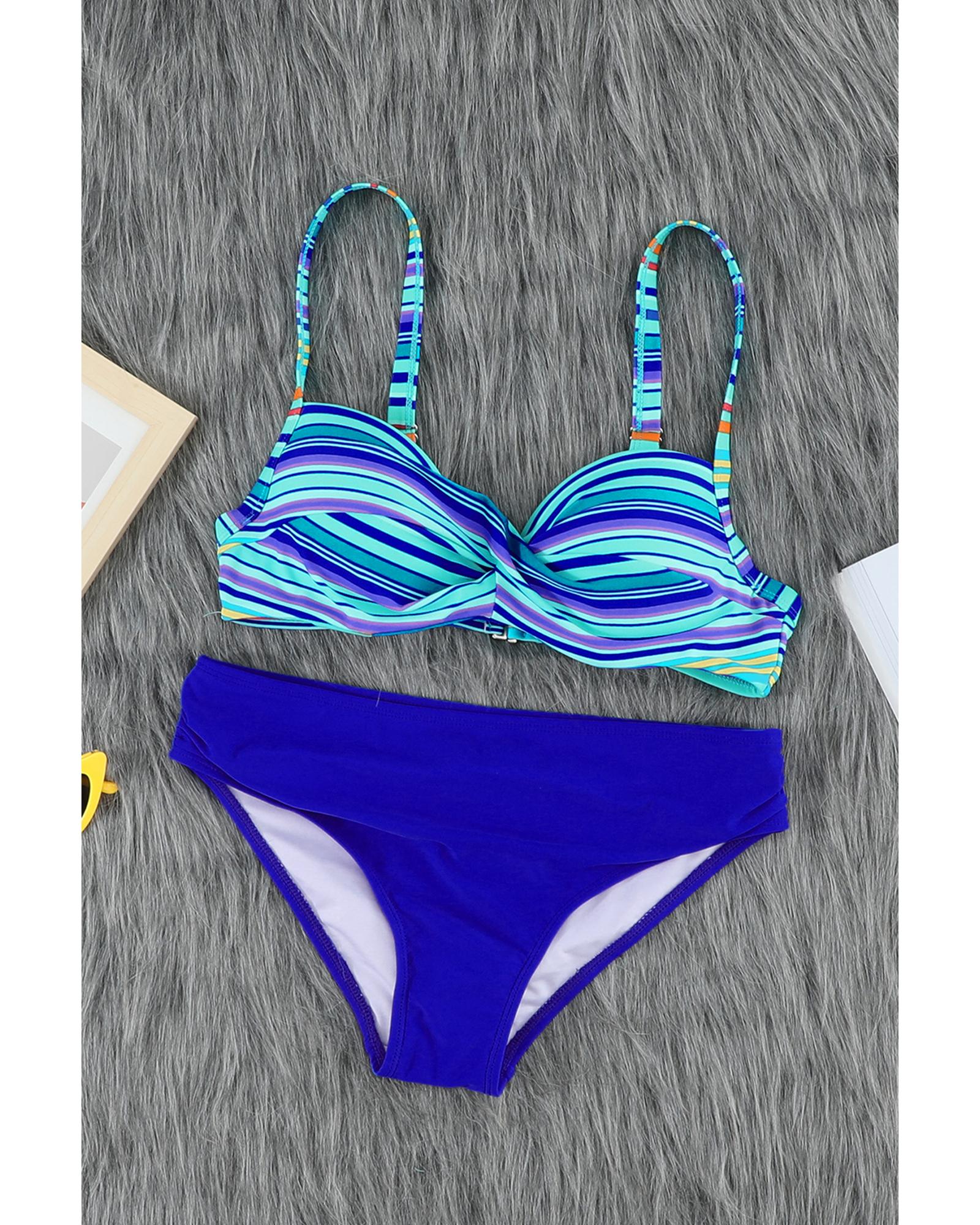 Sky Blue Twisted Bust Striped Bikini Set - 2XL