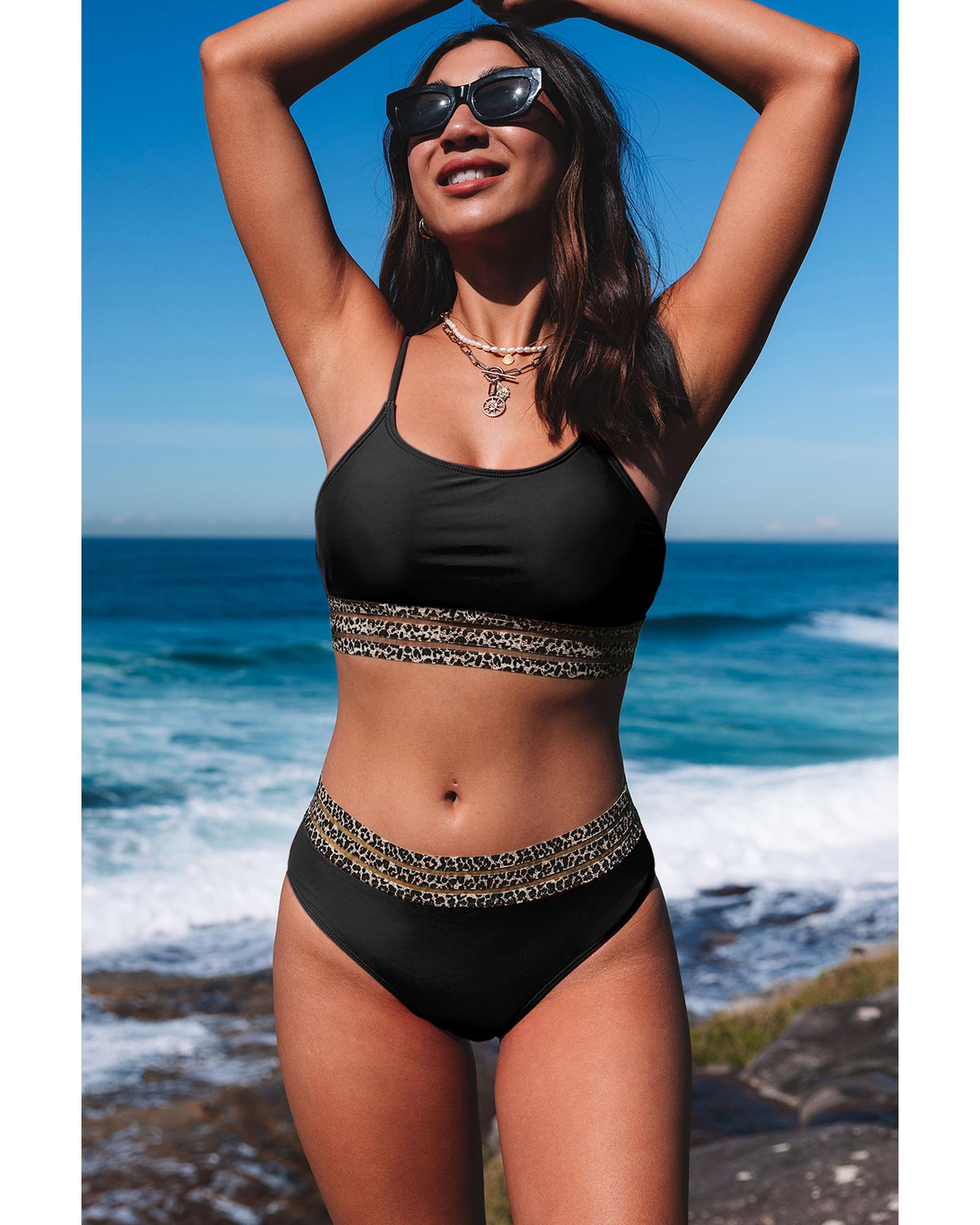 Azura Exchange Black Rose Leopard Mesh Trim 2pcs Bikini Swimsuit - M