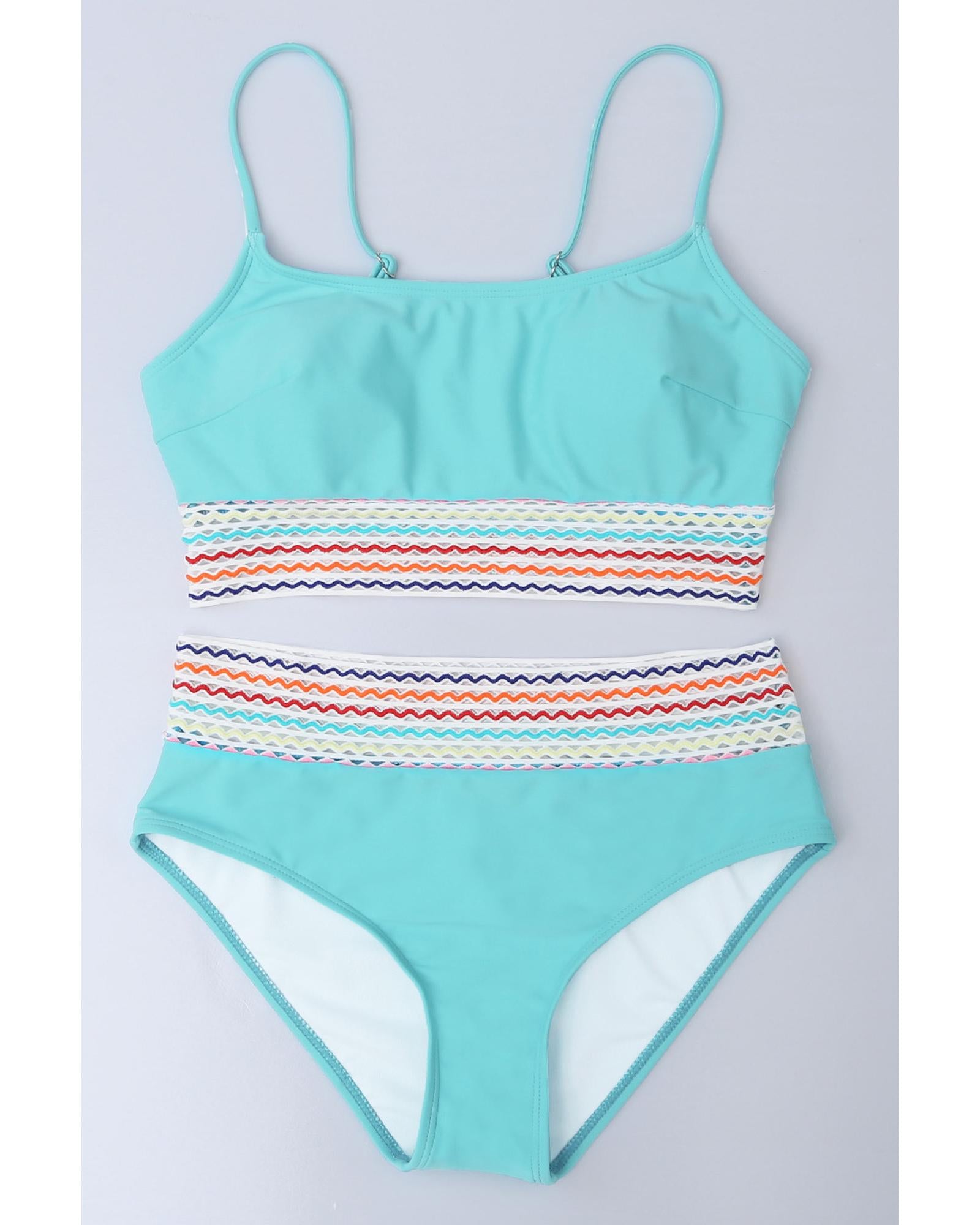 Sky Blue Striped Patchwork Spaghetti Strap High Waist Bikini Swimsuit - XL
