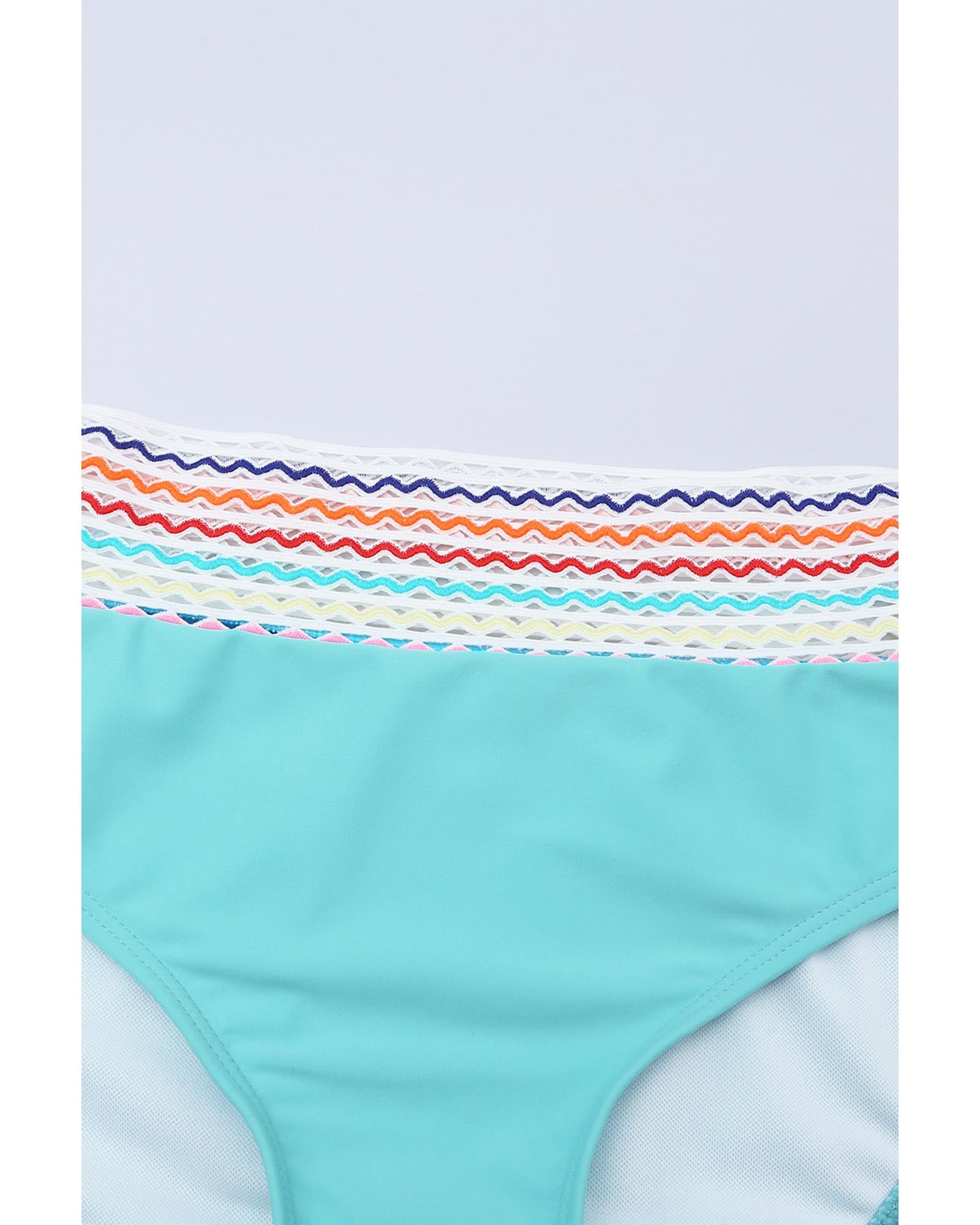 Sky Blue Striped Patchwork Spaghetti Strap High Waist Bikini Swimsuit - XL