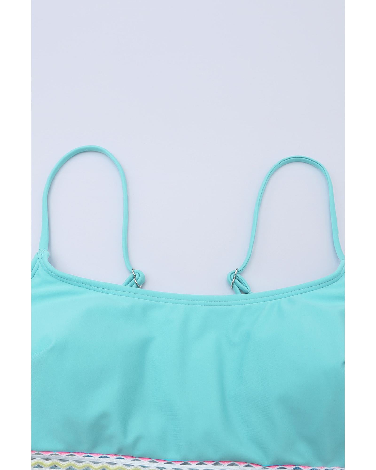 Sky Blue Striped Patchwork Spaghetti Strap High Waist Bikini Swimsuit - XL