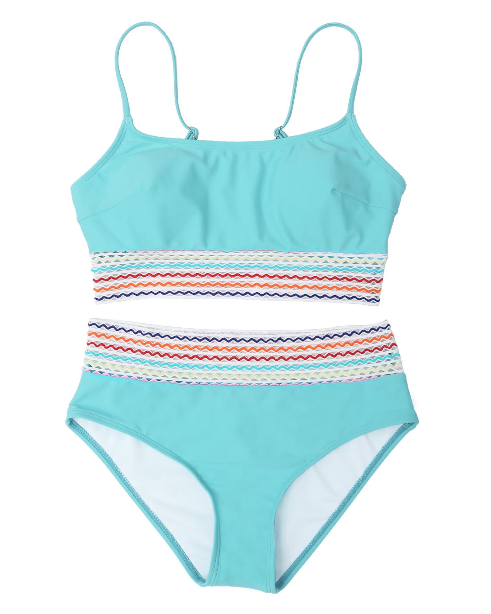 Sky Blue Striped Patchwork Spaghetti Strap High Waist Bikini Swimsuit - XL