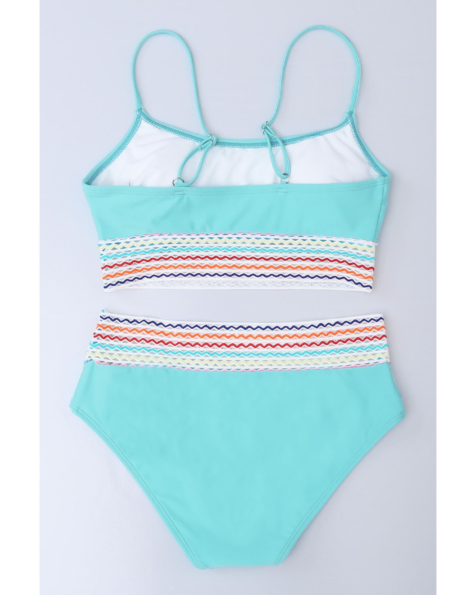 Sky Blue Striped Patchwork Spaghetti Strap High Waist Bikini Swimsuit - XL