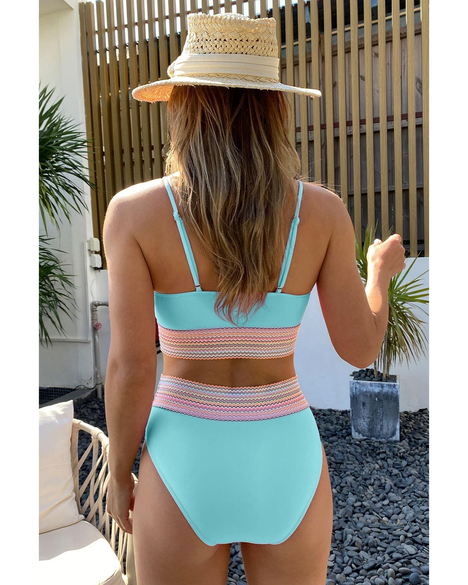 Sky Blue Striped Patchwork Spaghetti Strap High Waist Bikini Swimsuit - XL
