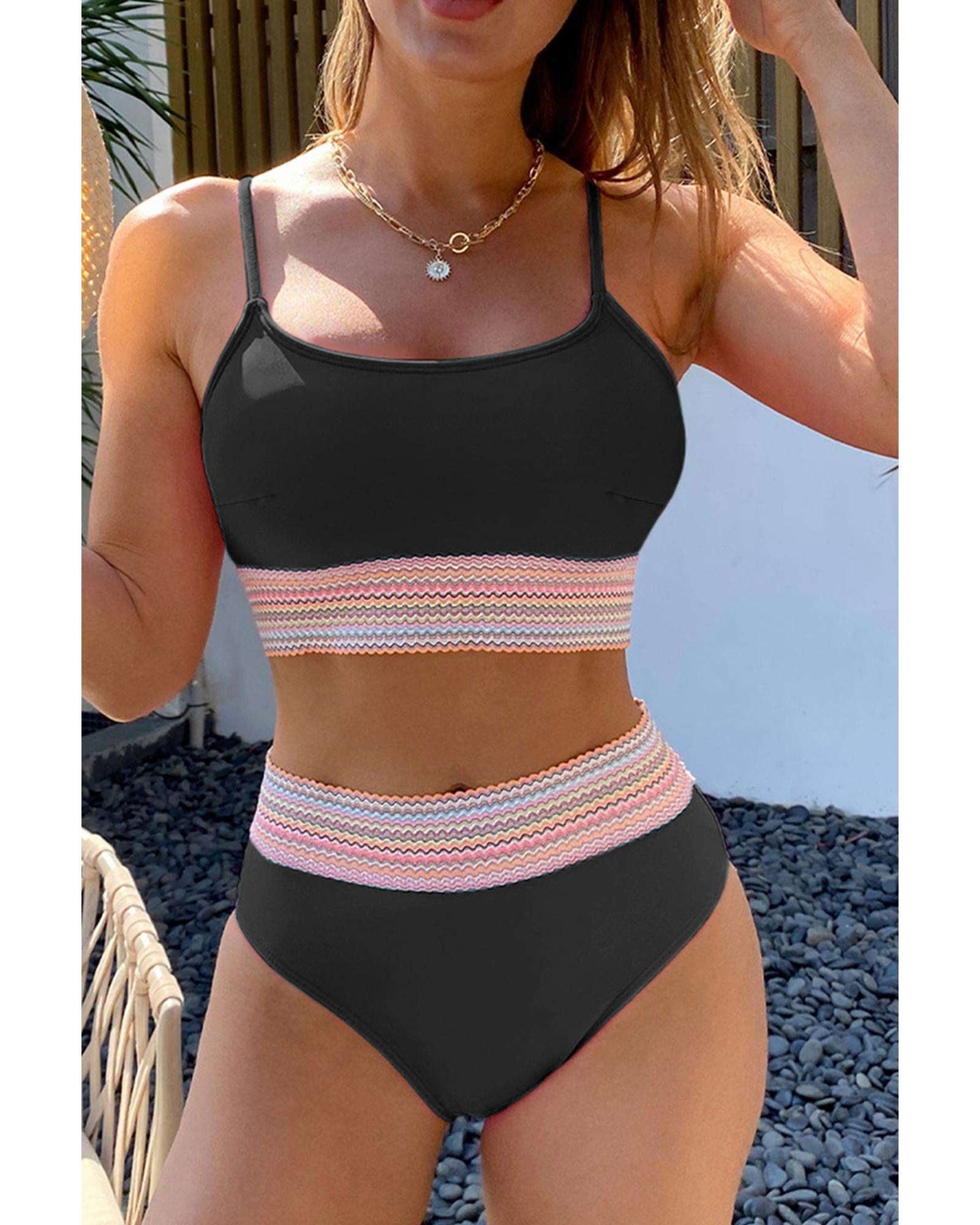 Black Striped Patchwork Spaghetti Strap High Waist Bikini Swimsuit - S