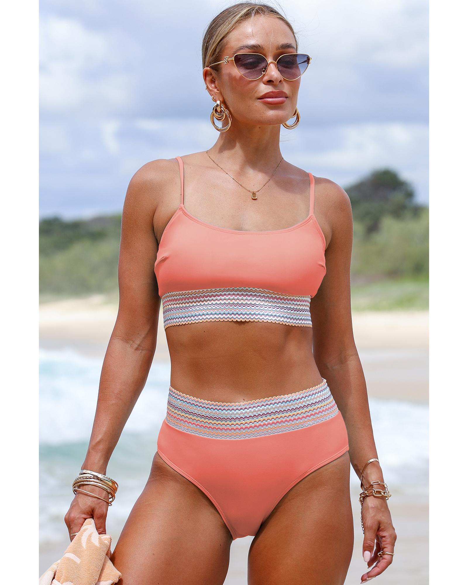 Peach Blossom Striped Patchwork Spaghetti Strap High Waist Bikini Swimsuit - M