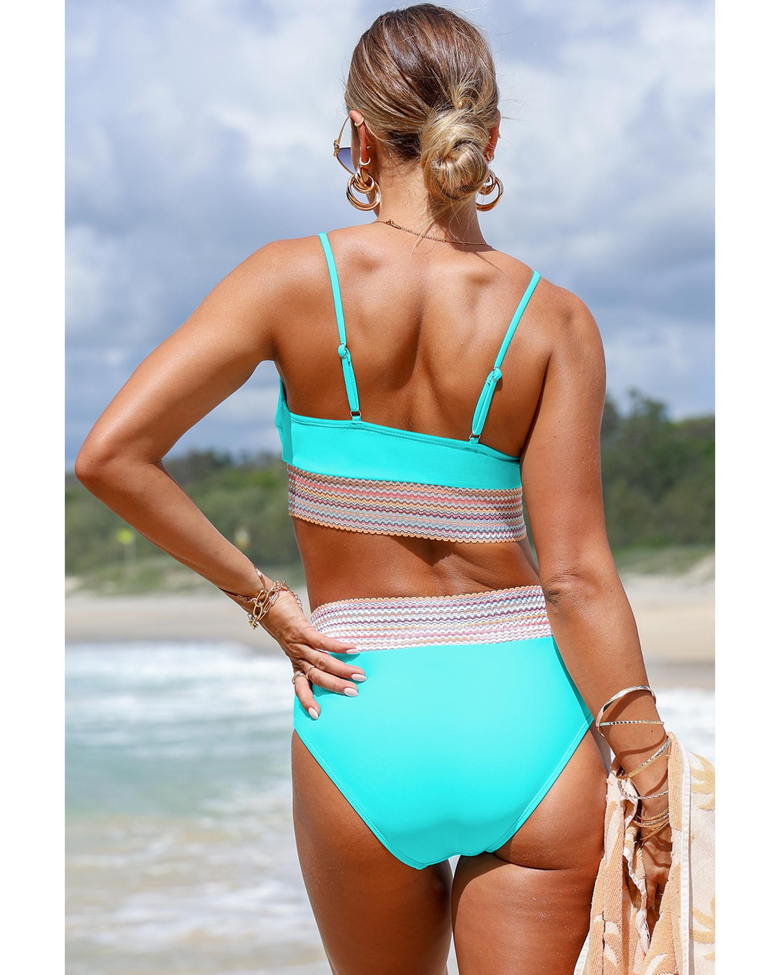Turquoise Striped Patchwork Spaghetti Strap High Waist Bikini Swimsuit - L