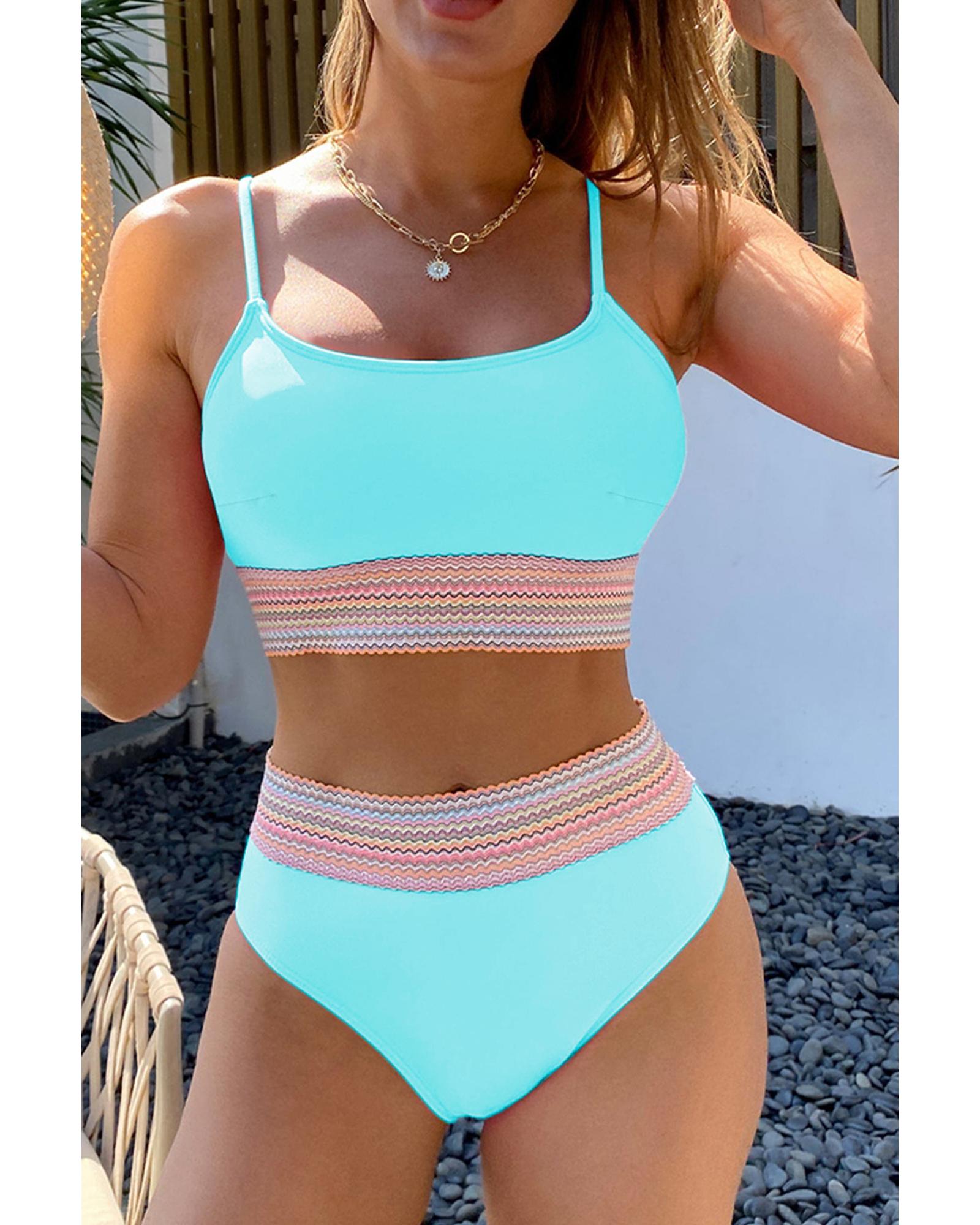 Turquoise Striped Patchwork Spaghetti Strap High Waist Bikini Swimsuit - M