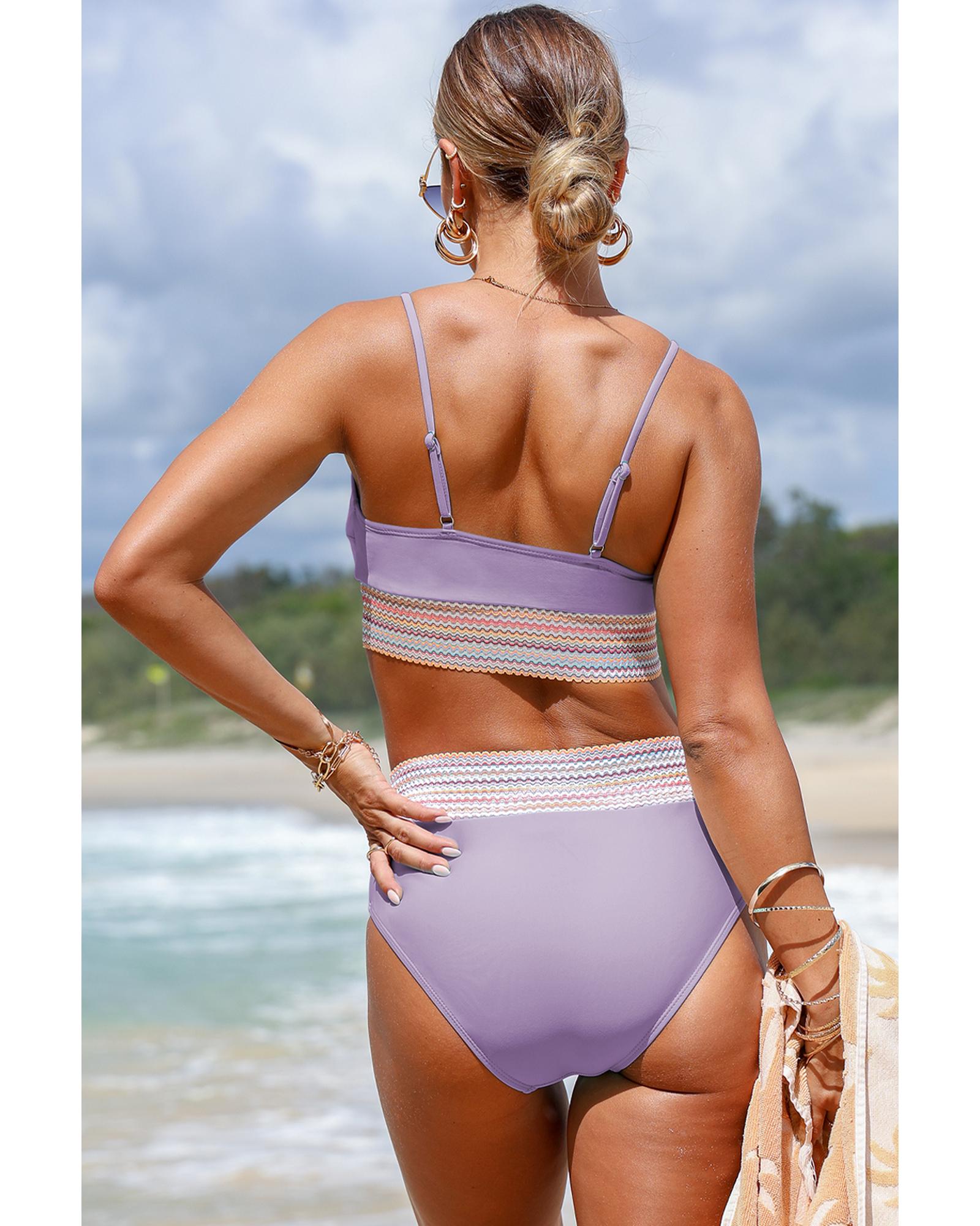 Orchid Petal Striped Patchwork Spaghetti Strap High Waist Bikini Swimsuit - L