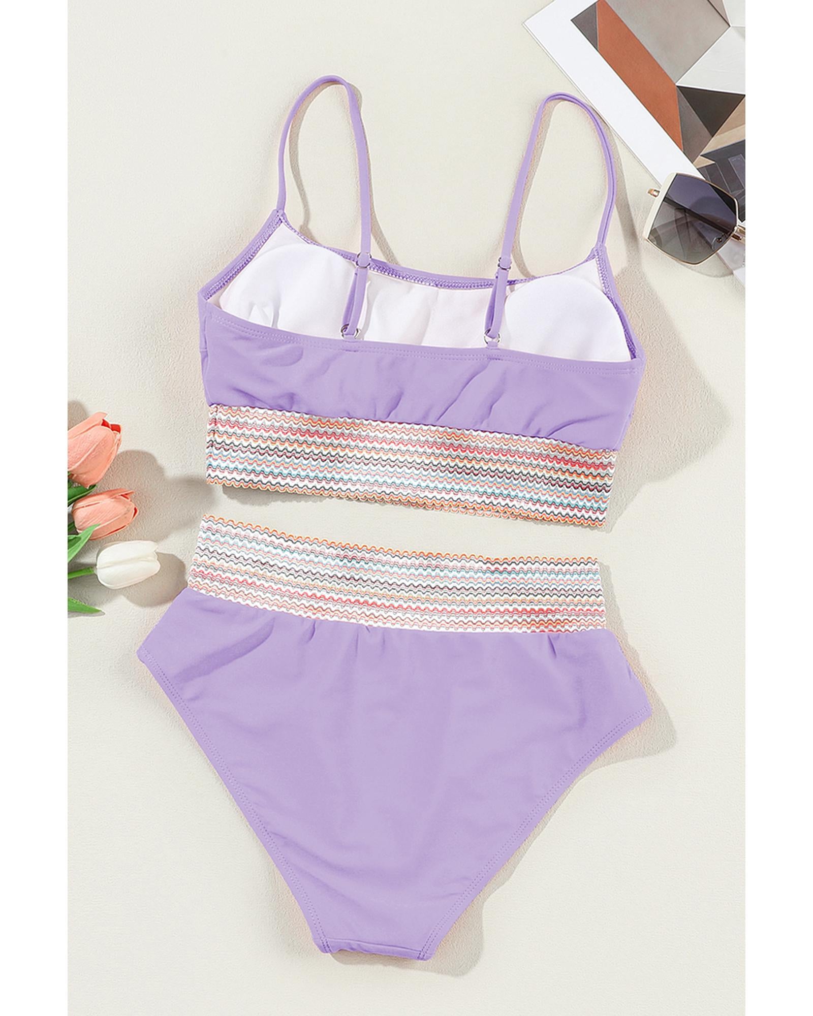 Orchid Petal Striped Patchwork Spaghetti Strap High Waist Bikini Swimsuit - XL