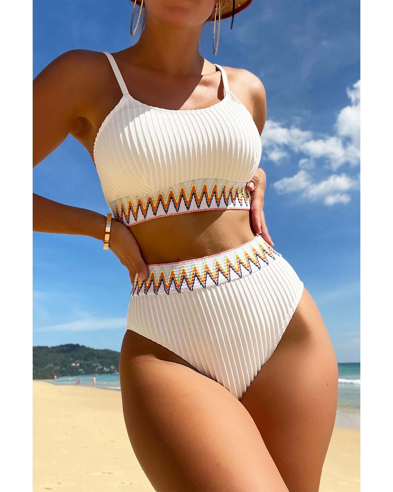 White Textured Contrast Banding Bikini High Waist 2pcs Swimsuit - L