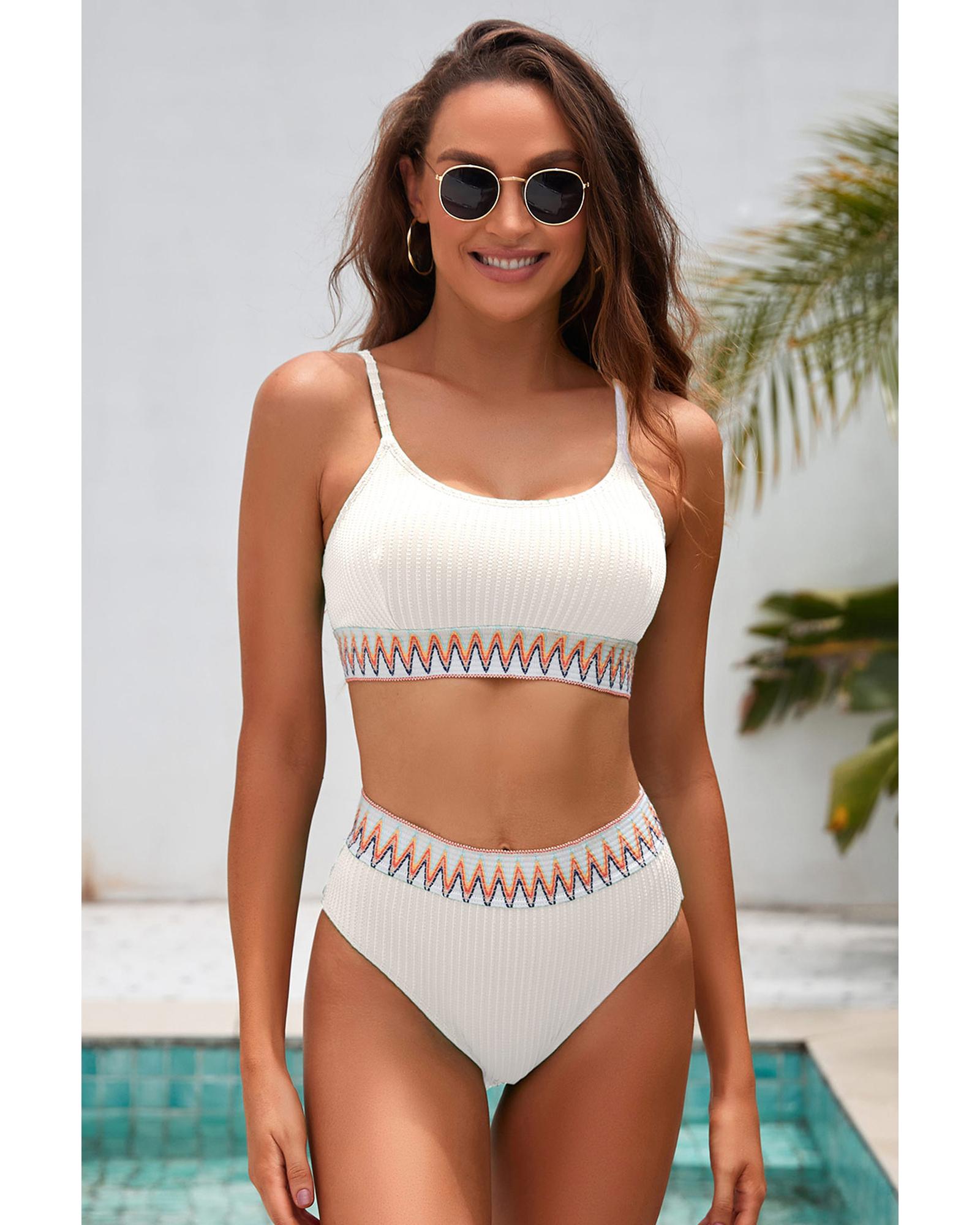 White Textured Contrast Banding Bikini High Waist 2pcs Swimsuit - L