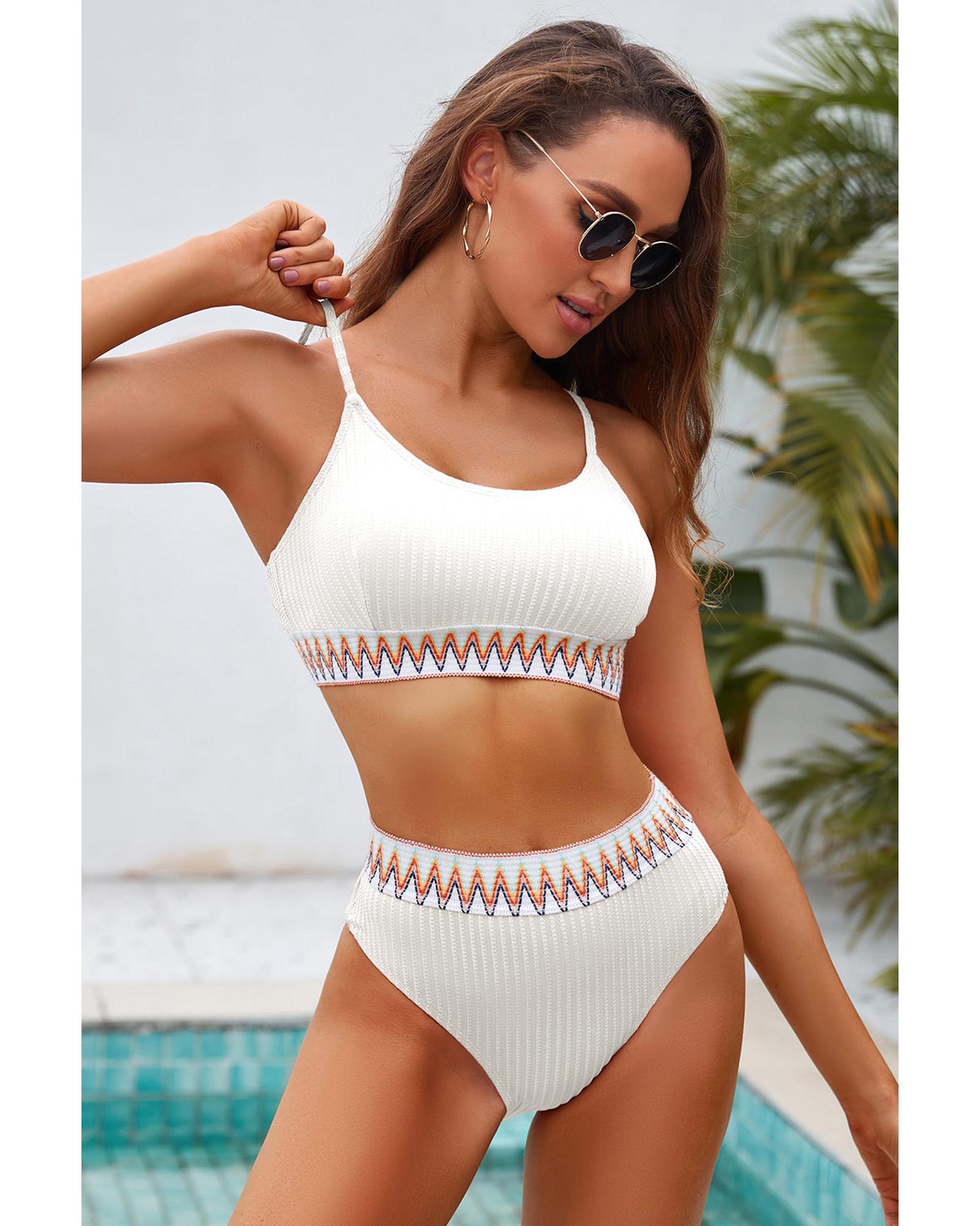 White Textured Contrast Banding Bikini High Waist 2pcs Swimsuit - M