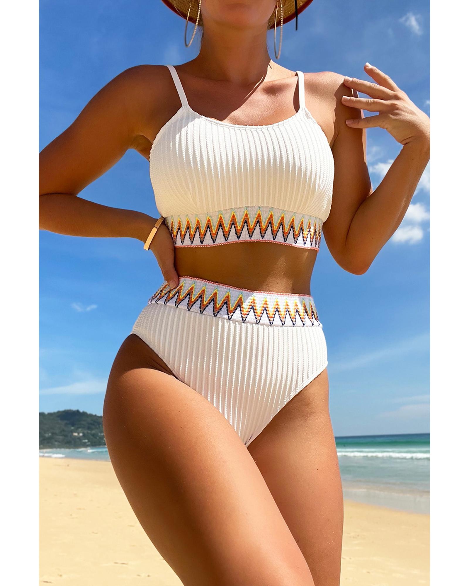 White Textured Contrast Banding Bikini High Waist 2pcs Swimsuit - S