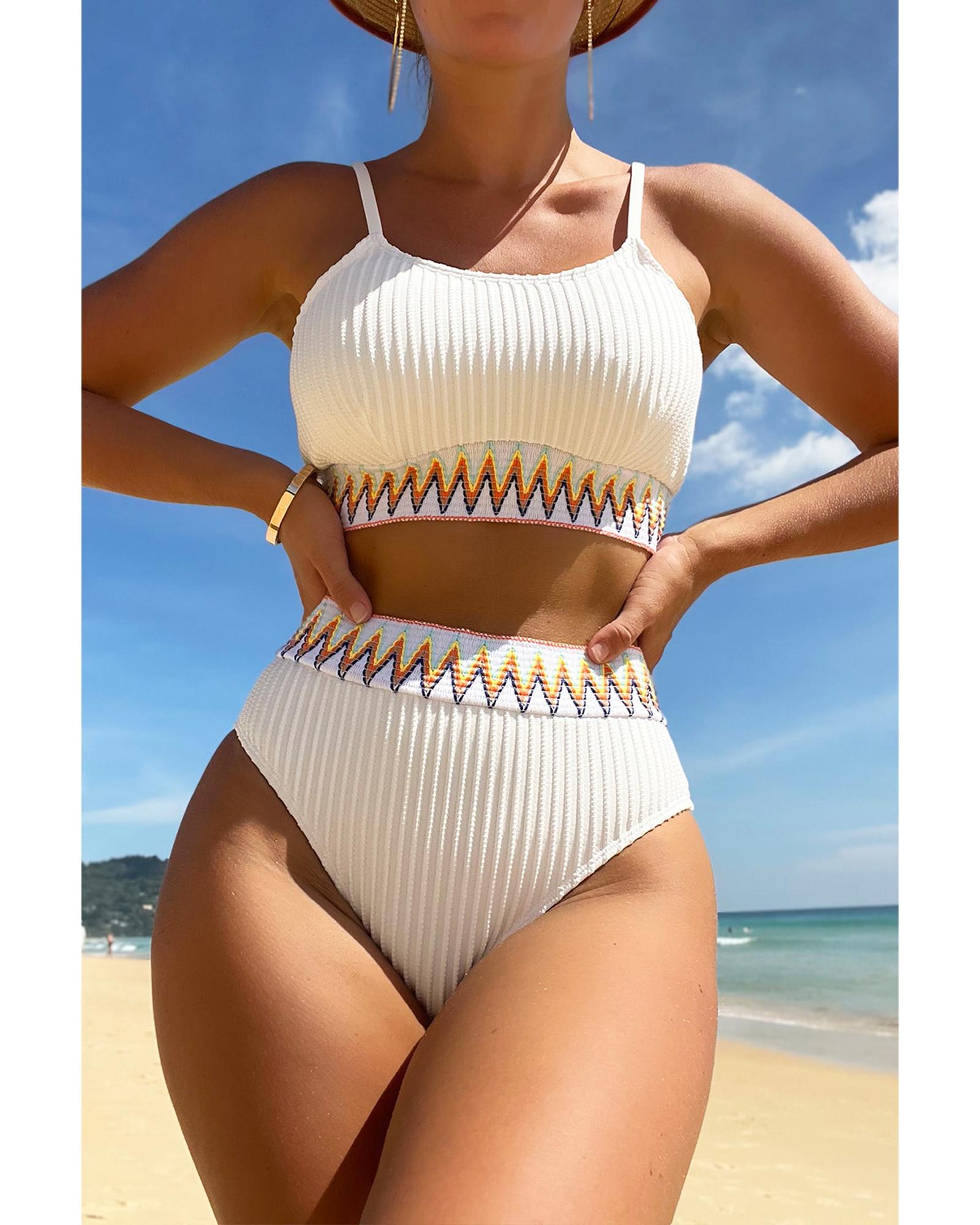 White Textured Contrast Banding Bikini High Waist 2pcs Swimsuit - XL