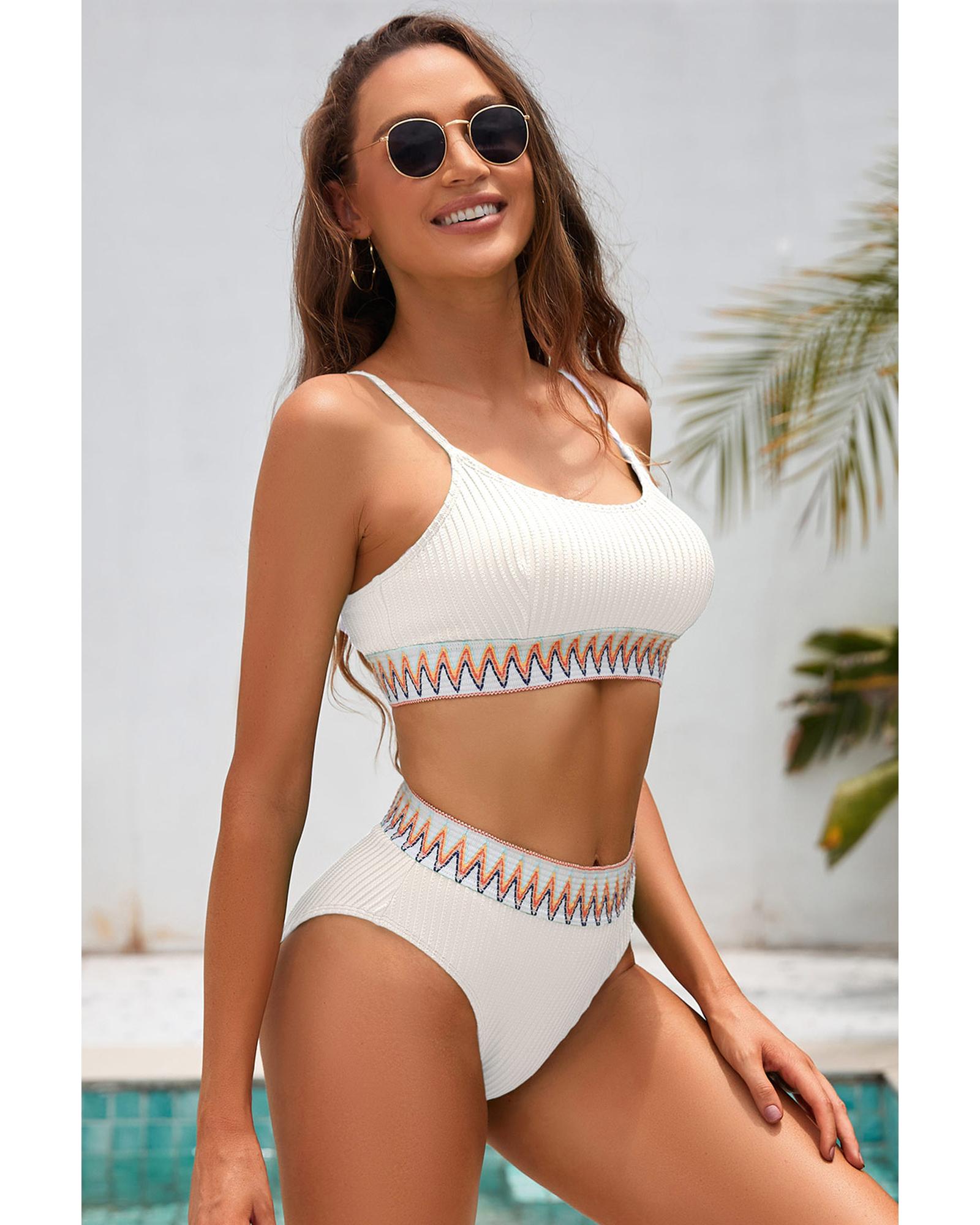 White Textured Contrast Banding Bikini High Waist 2pcs Swimsuit - XL