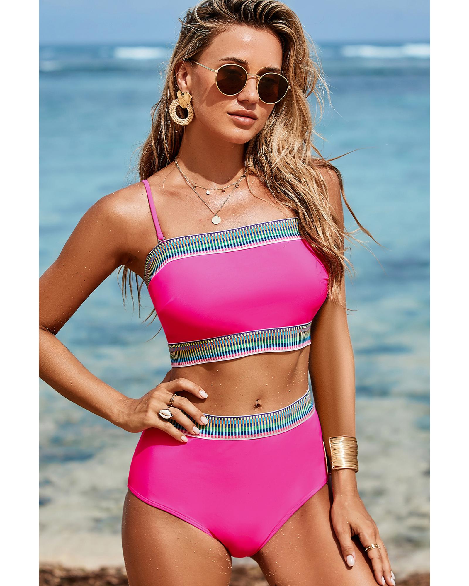 Rose Red Contrast Banding Tube Bikini High Waist 2pcs Swimsuit - L