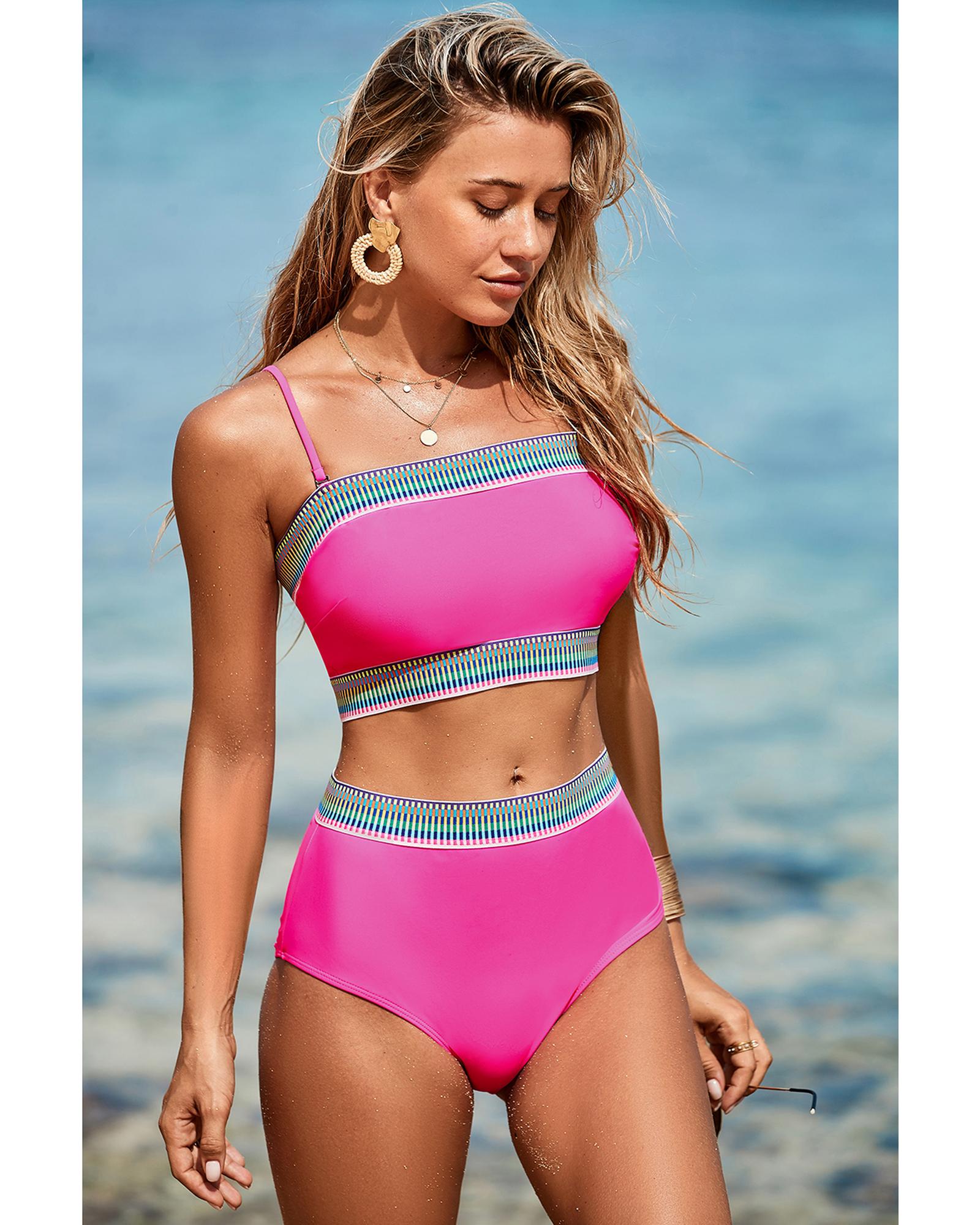 Rose Red Contrast Banding Tube Bikini High Waist 2pcs Swimsuit - S