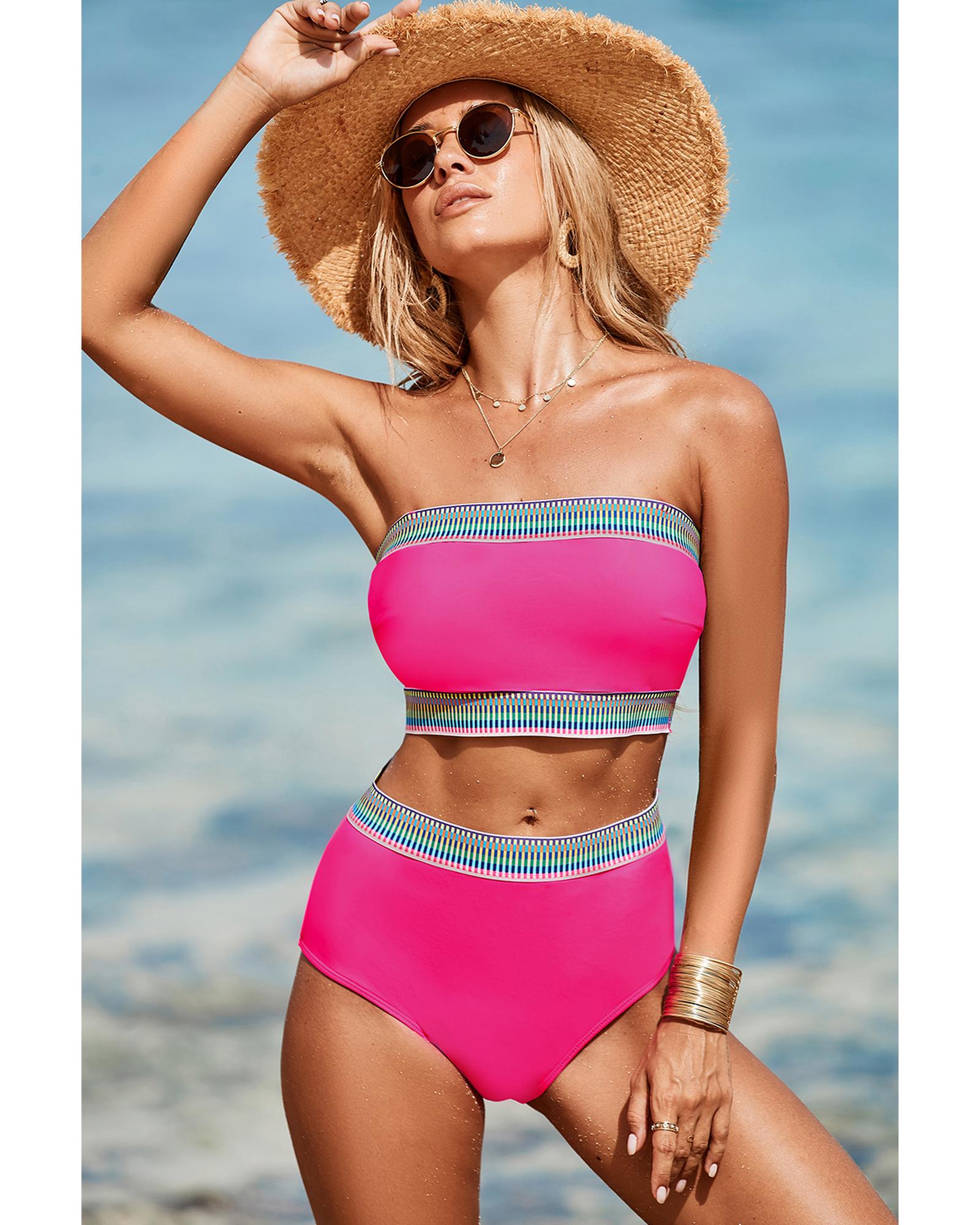 Rose Red Contrast Banding Tube Bikini High Waist 2pcs Swimsuit - S