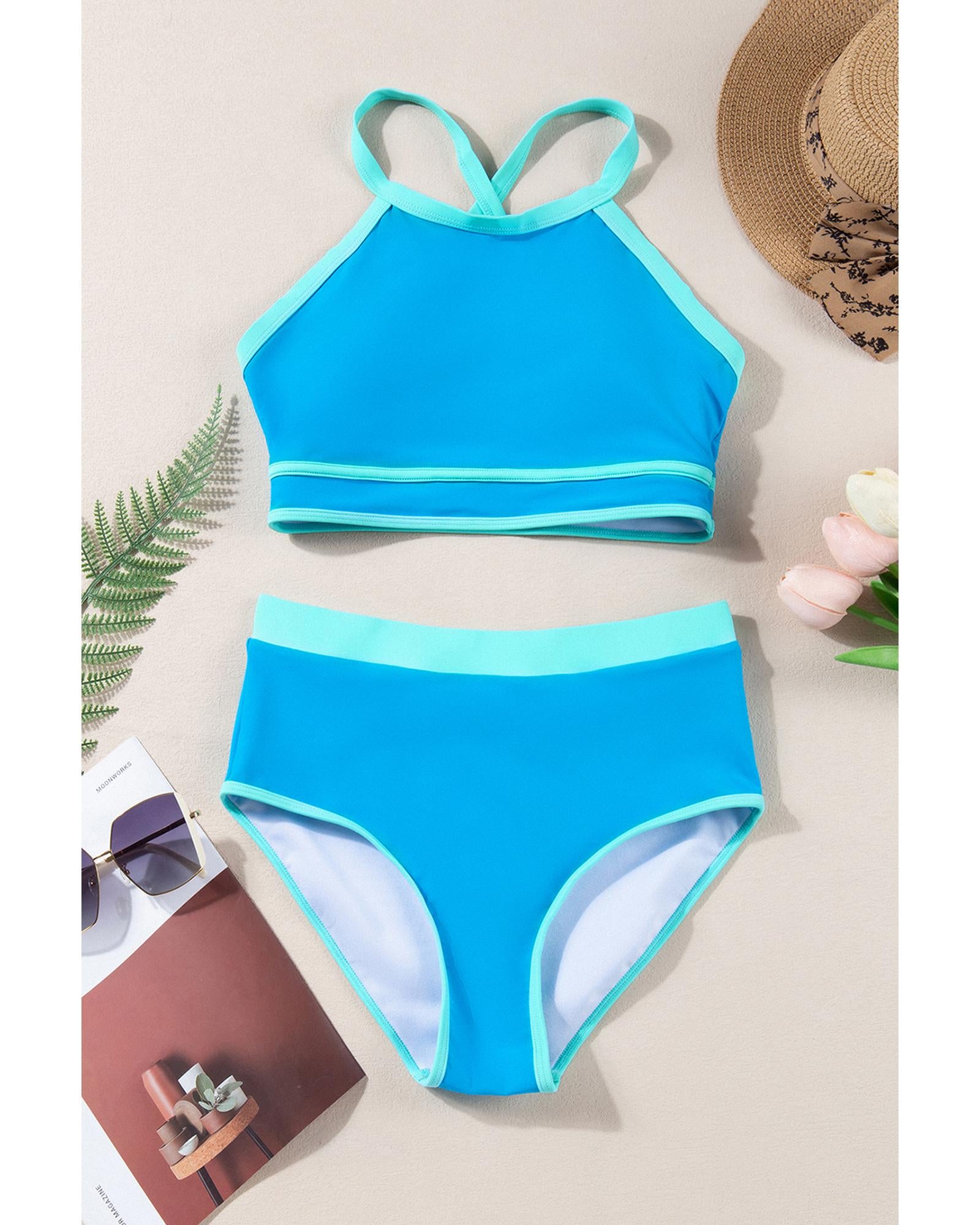 Blue Contrast Trim Crisscross Back High Waisted Bikini - M