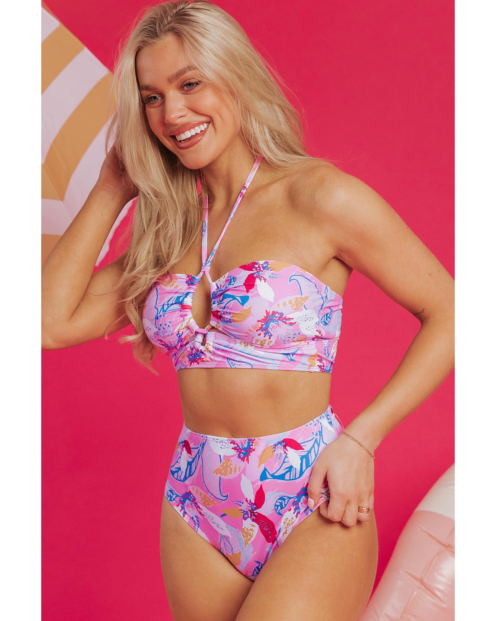 Pink Floral Printed Halter Neck High Waist Bikini - XL