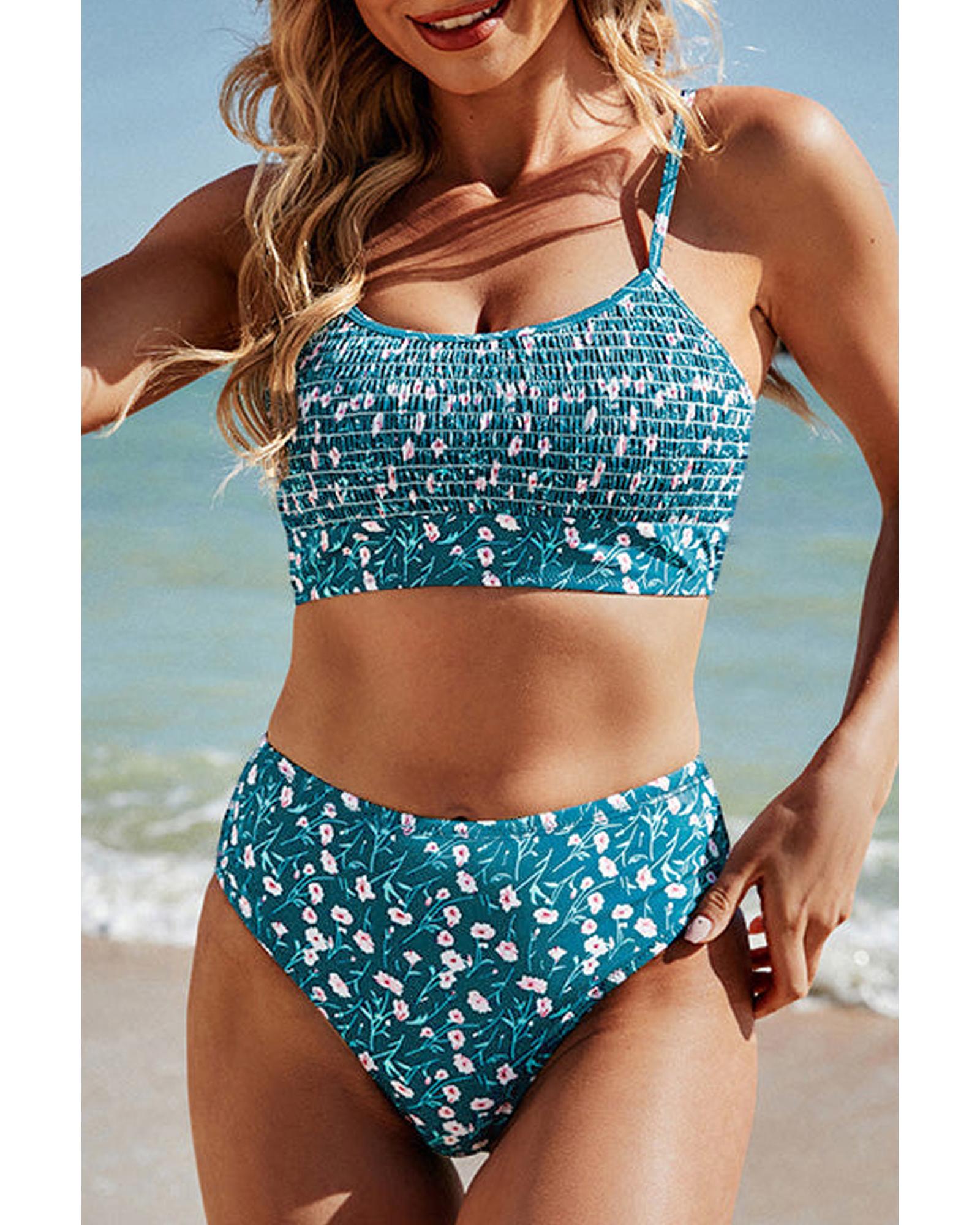 Blue Floral Print Smocked Cute Bikini Set - L