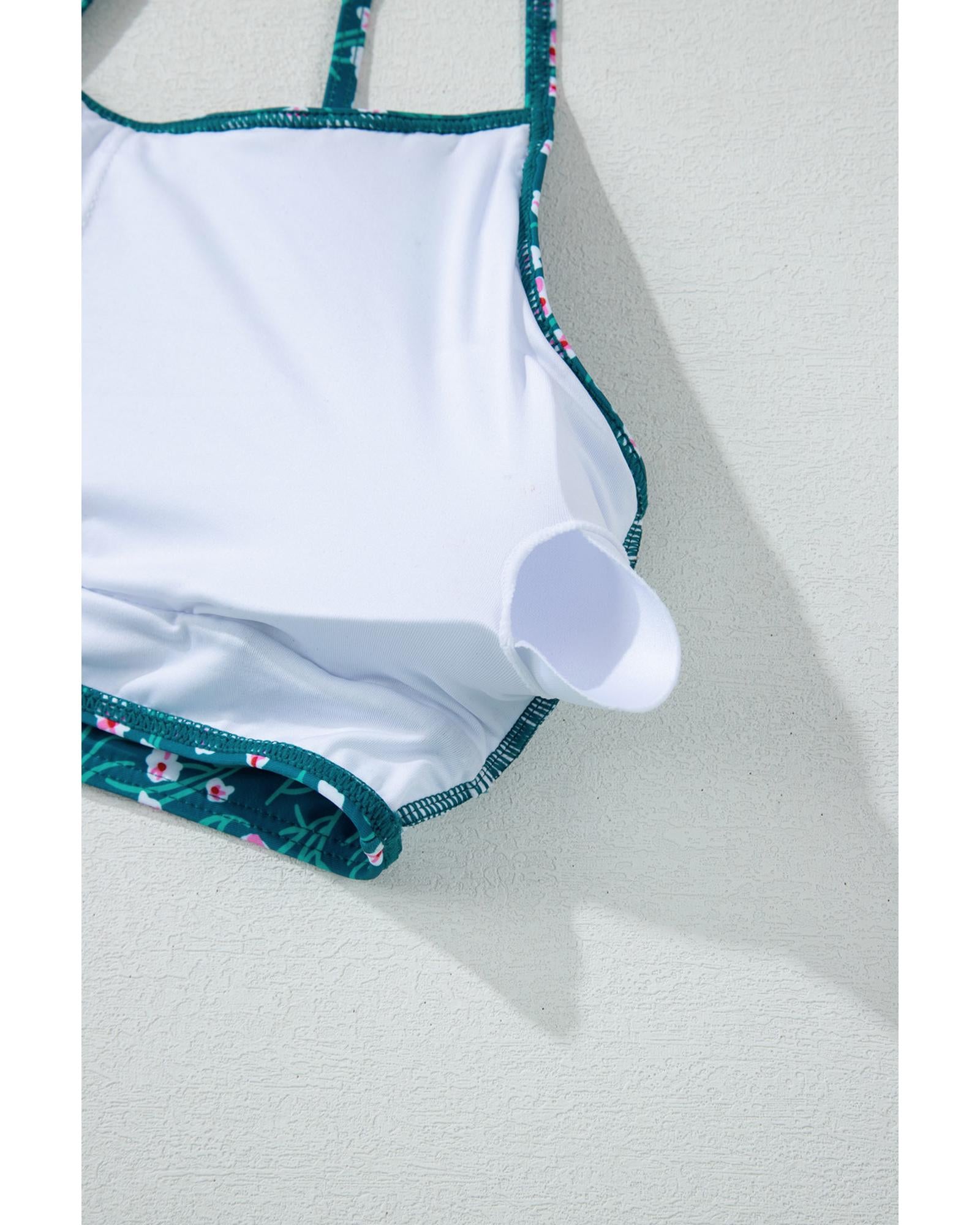 Blue Floral Print Smocked Cute Bikini Set - L