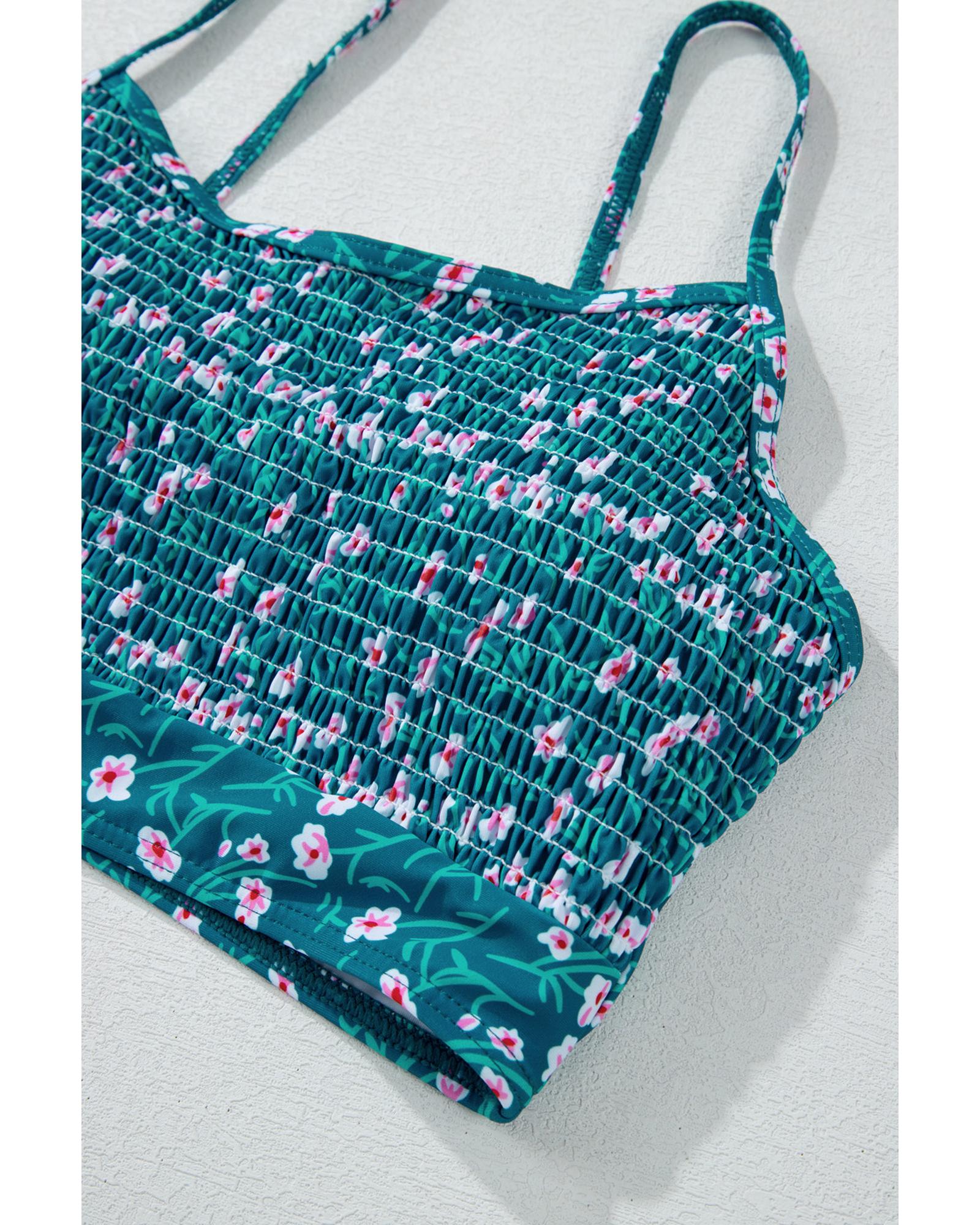 Blue Floral Print Smocked Cute Bikini Set - L