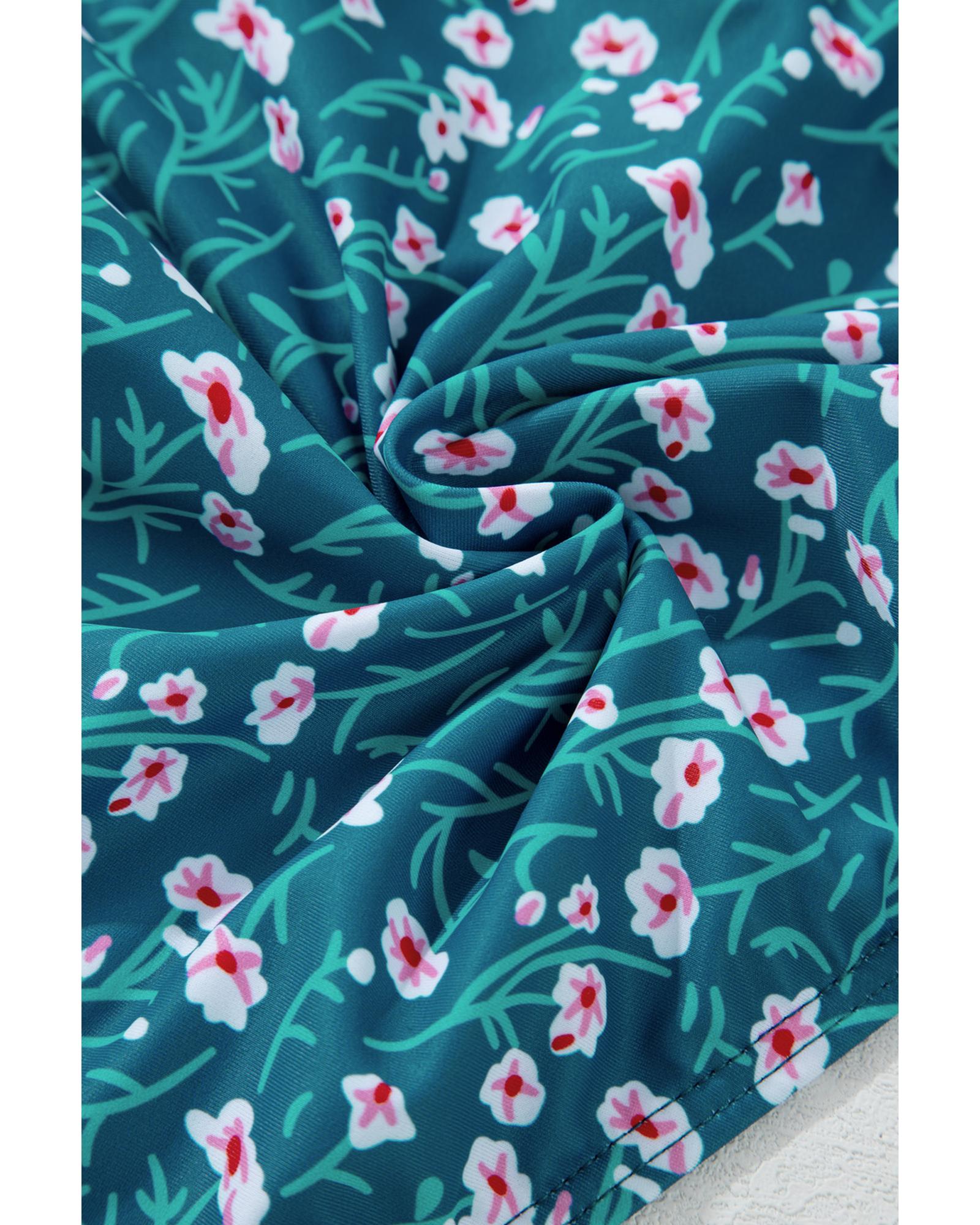 Blue Floral Print Smocked Cute Bikini Set - L