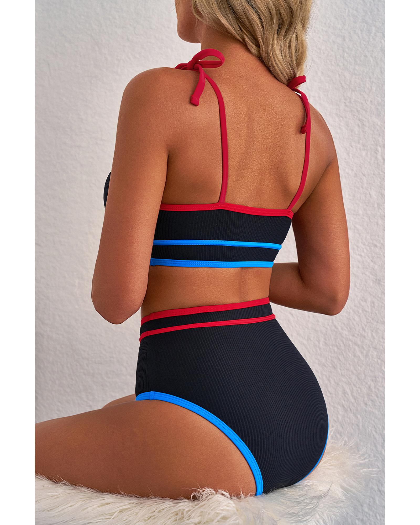 Black Triple Color Trimmed High Waist Bikini Set - 2XL