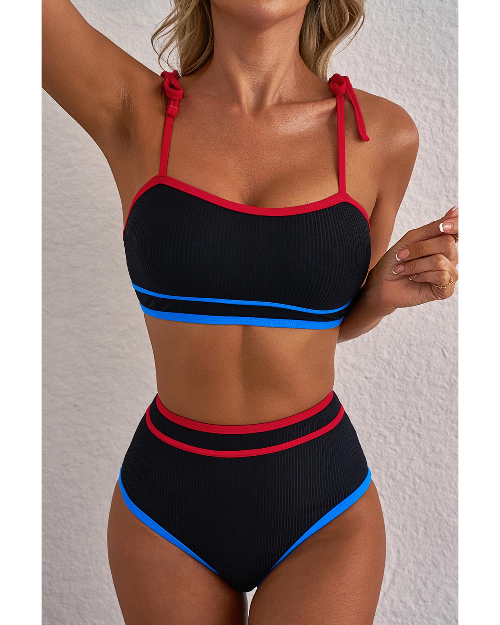 Black Triple Color Trimmed High Waist Bikini Set - XL