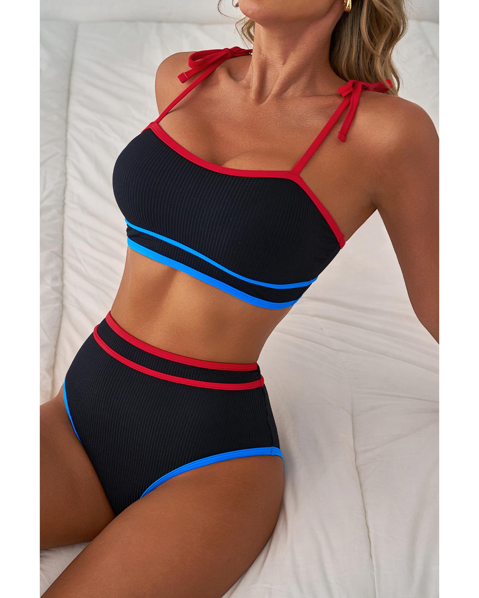 Black Triple Color Trimmed High Waist Bikini Set - XL