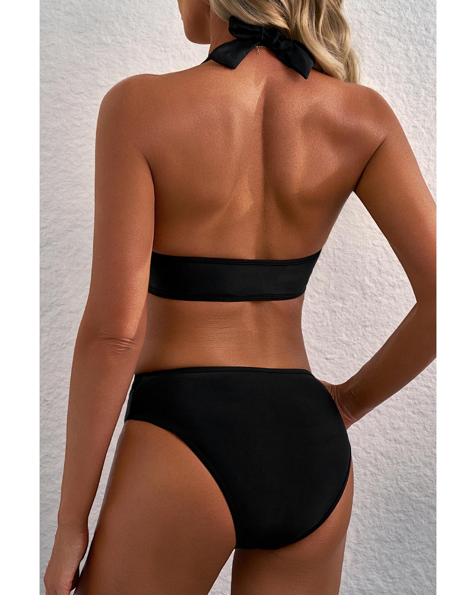 Black Sheer Mesh Edged Halter V Neck Push Up Bikini - S