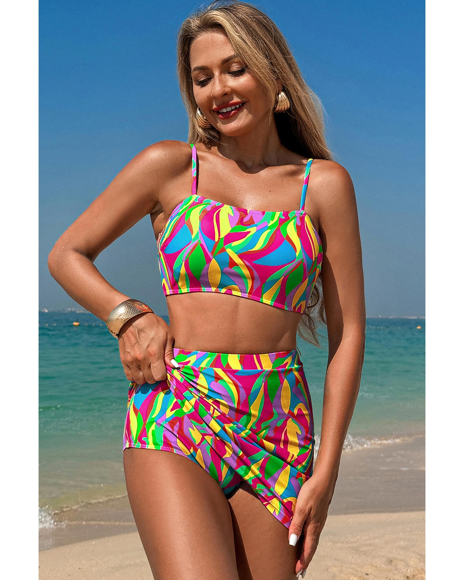 Multicolour Abstract Print Textured Spaghetti Strap High Waist Bikini Set - XL