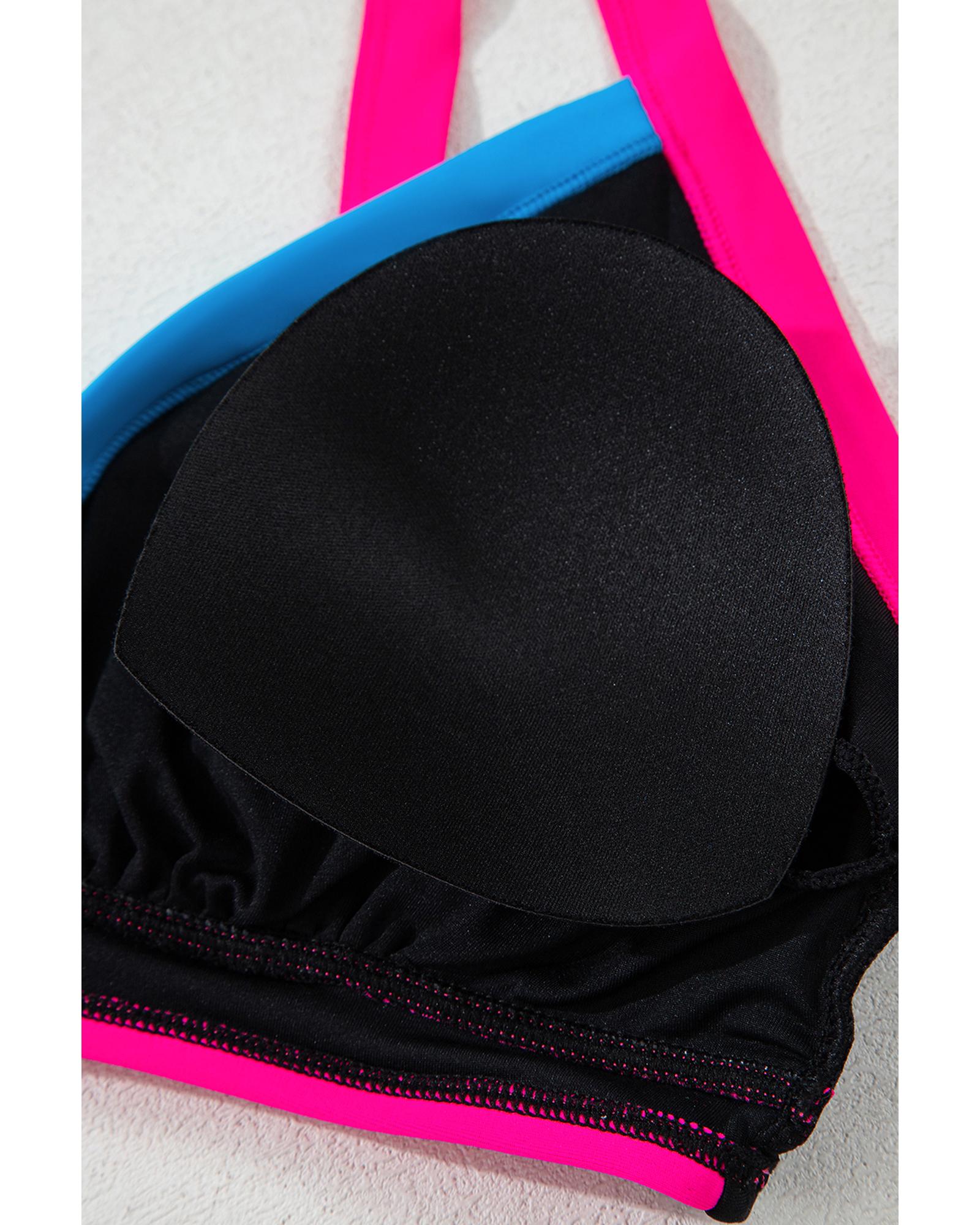 Black Color Block Drawstring Side V Neck High Waist Bikini Set - 2XL