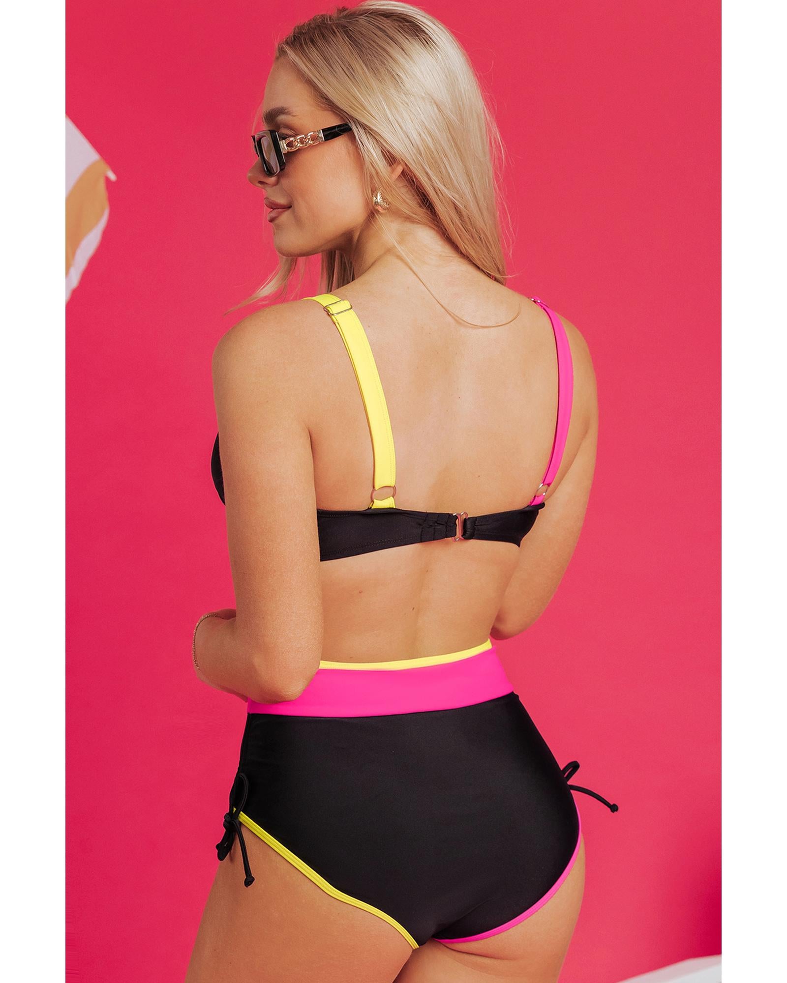 Black Color Block Drawstring Side V Neck High Waist Bikini Set - S