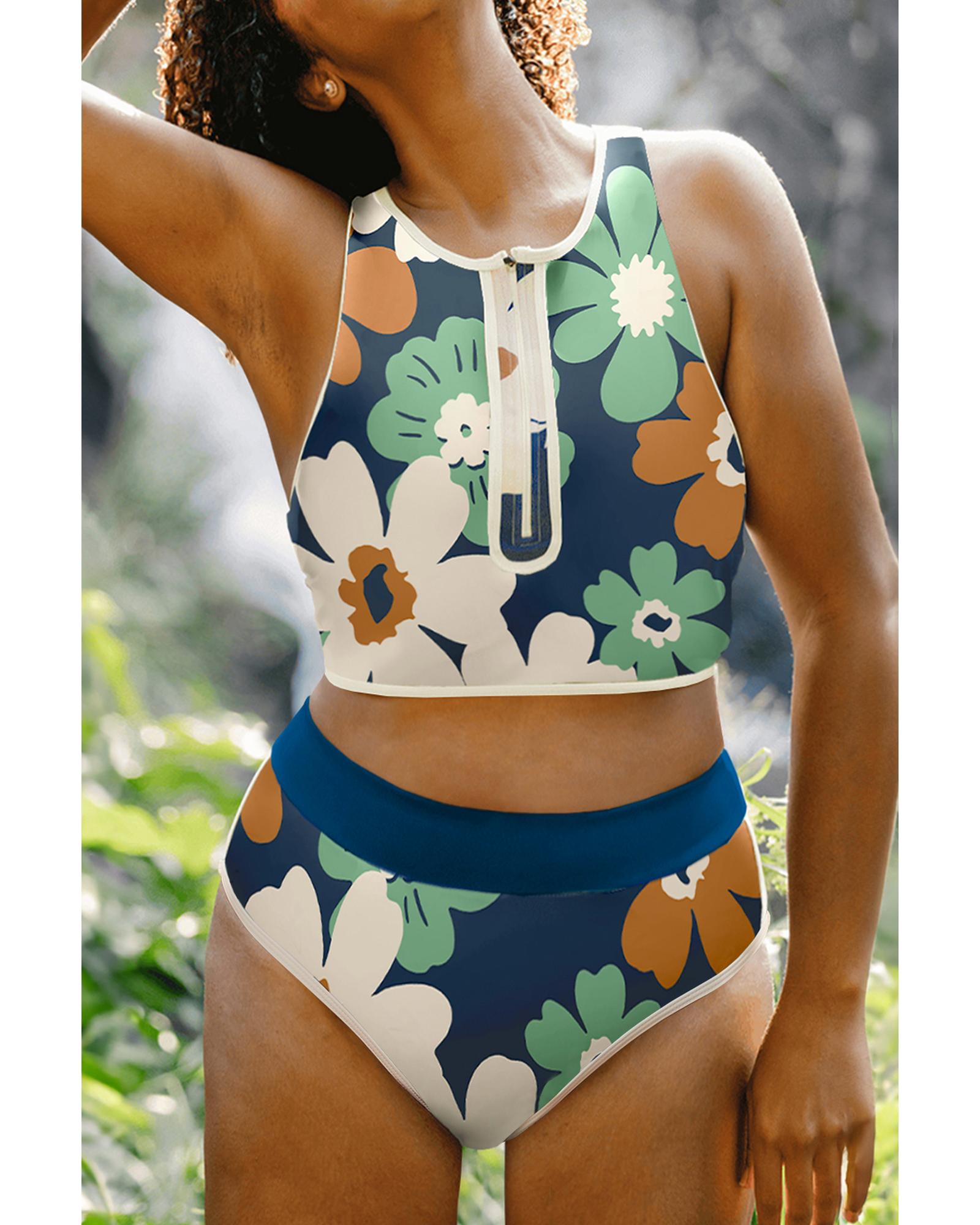 Blue Flower Zip up Racerback High Waisted Bikini - S