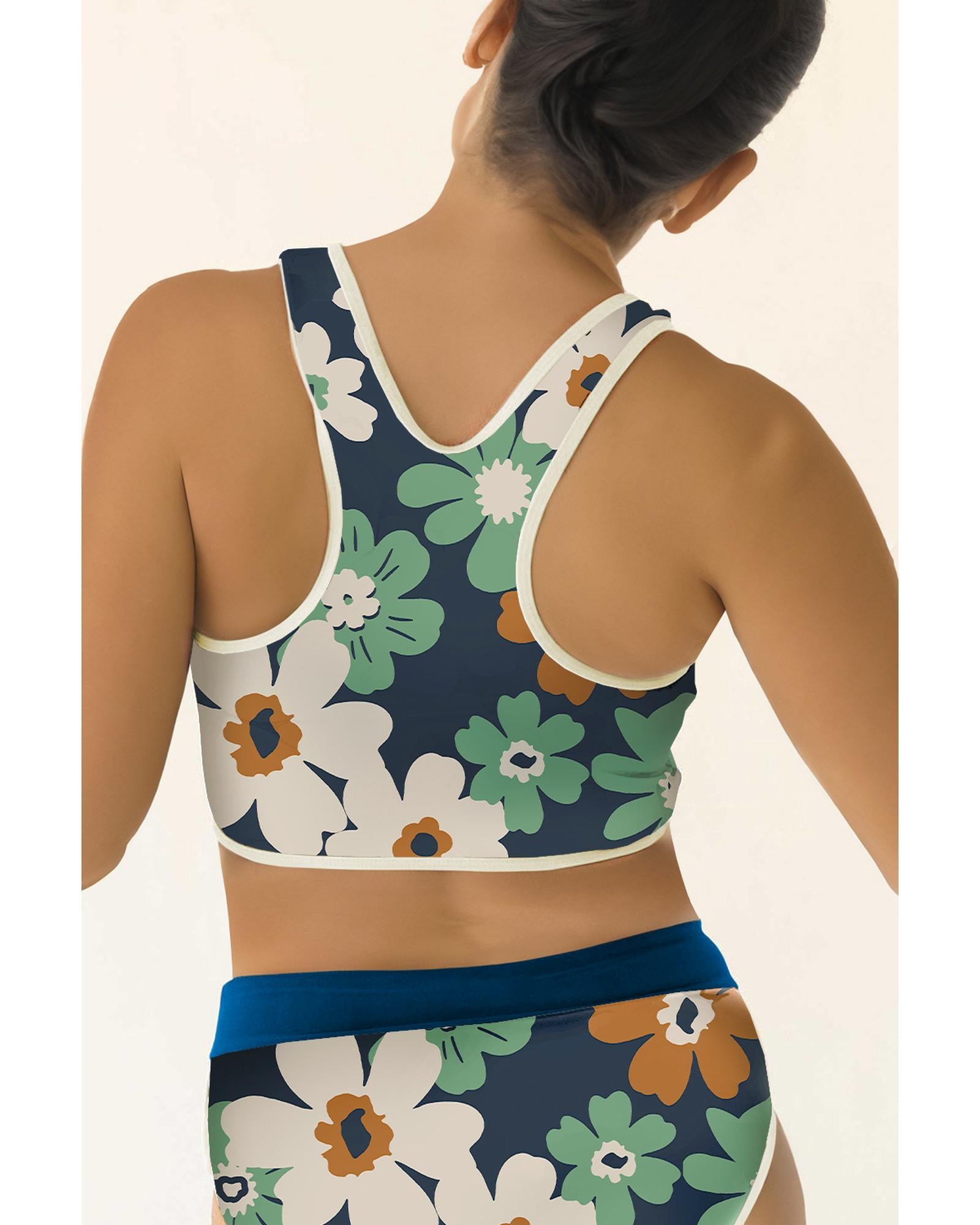 Blue Flower Zip up Racerback High Waisted Bikini - S