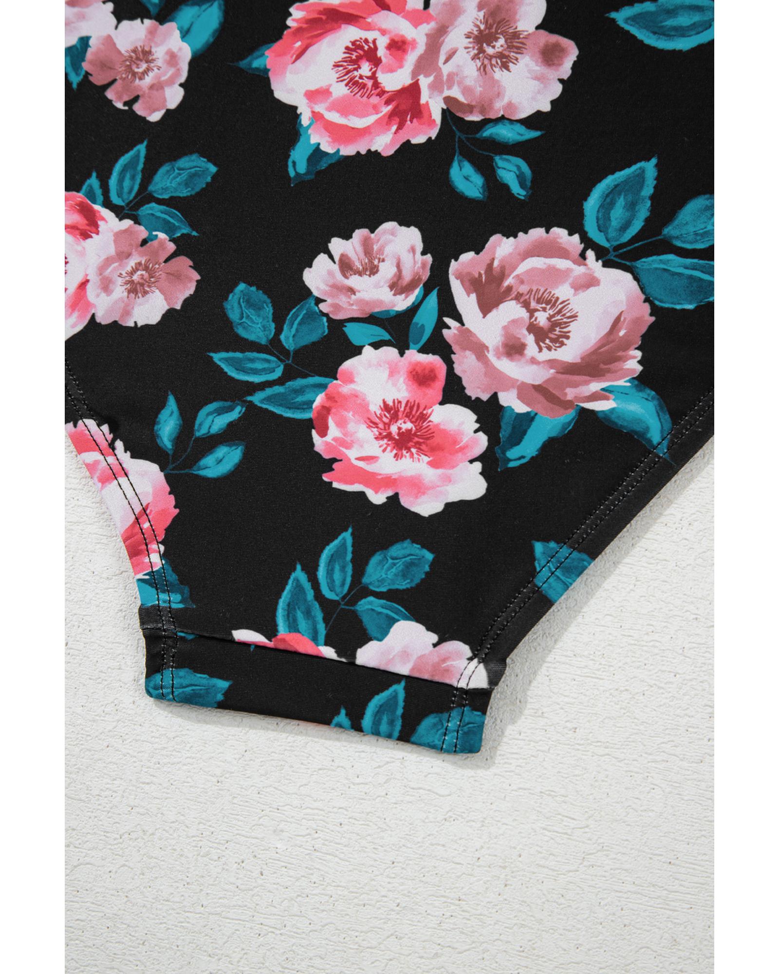 Sea Green Solid Ruffled Square Neck Swim Top and Floral Shorts Bikini Set - S