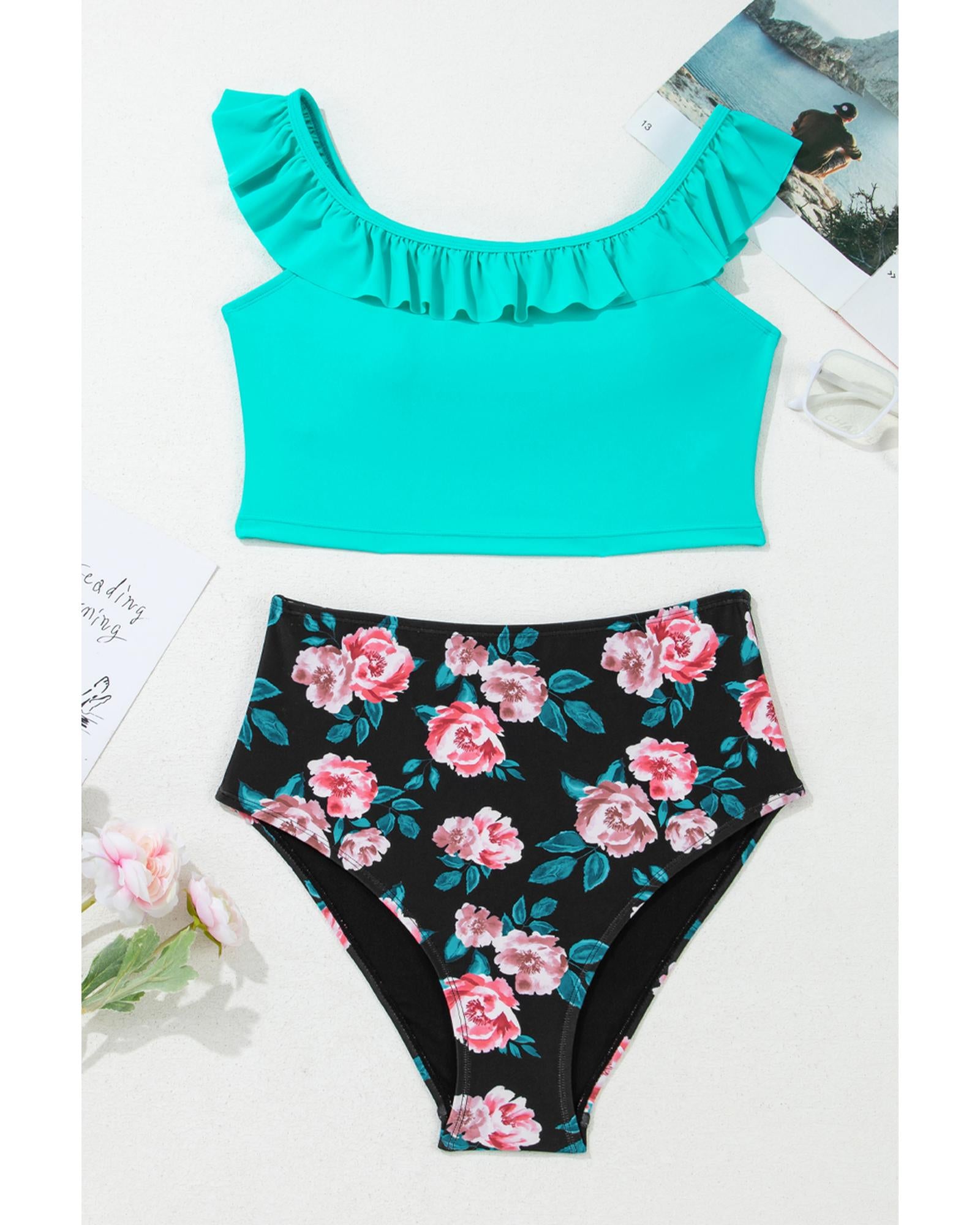 Sea Green Solid Ruffled Square Neck Swim Top and Floral Shorts Bikini Set - S