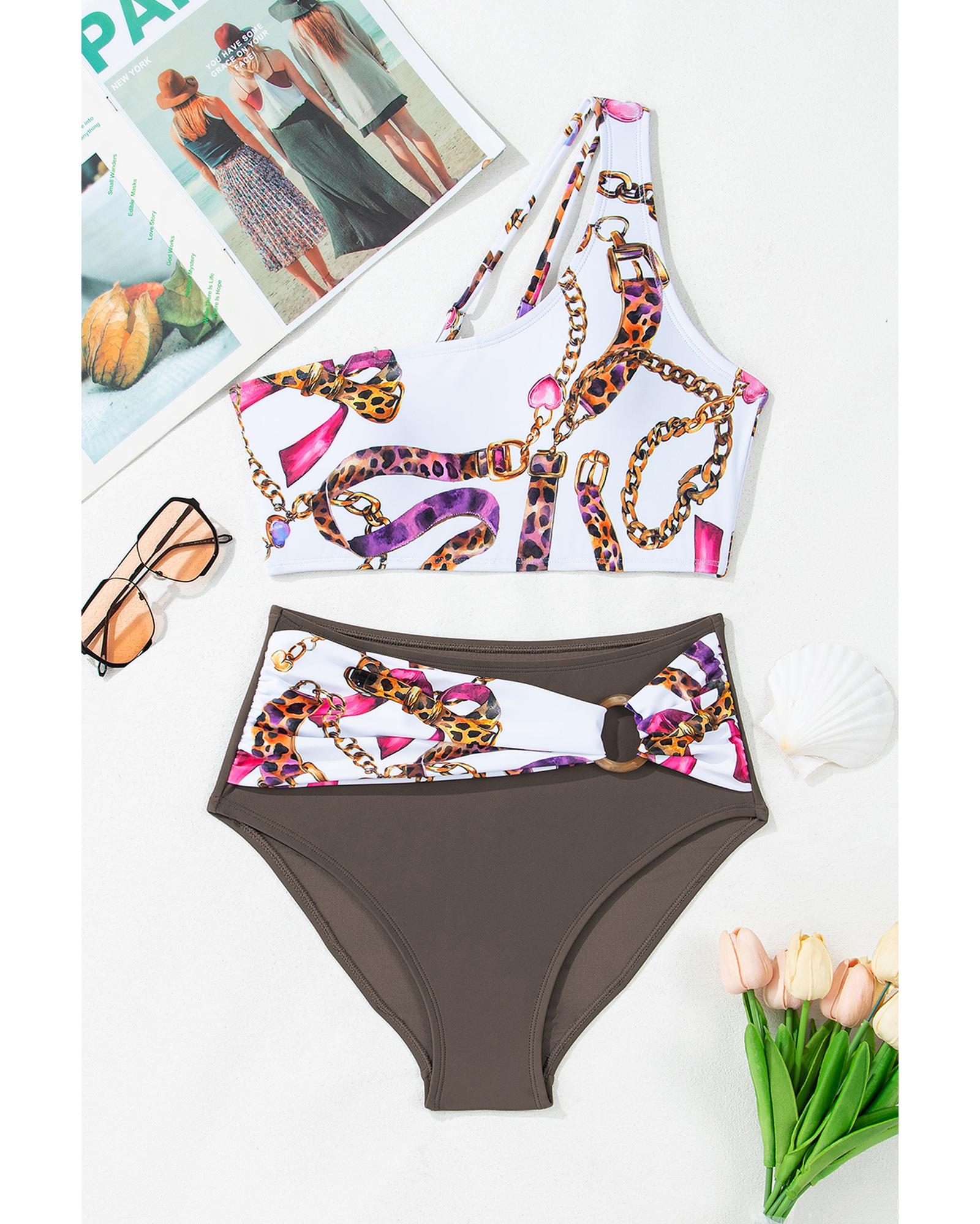 Khaki Abstract Print One Shoulder Ring Linked High Waist Bikini - XL