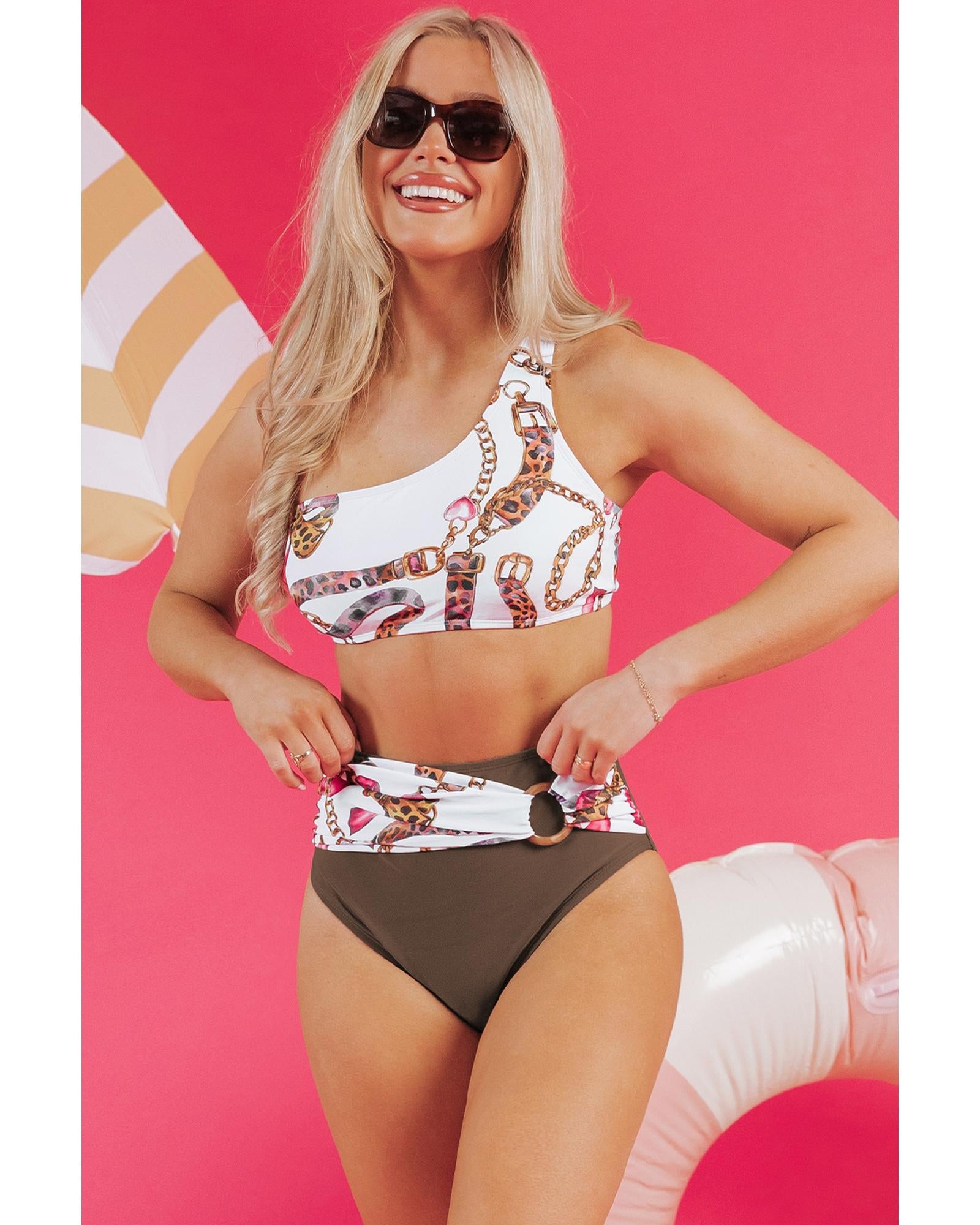 Khaki Abstract Print One Shoulder Ring Linked High Waist Bikini - XL