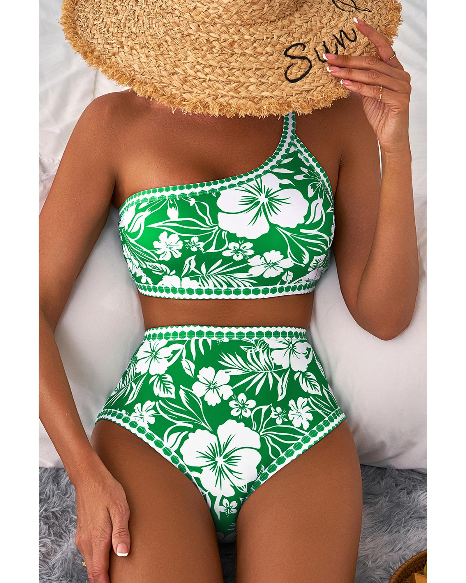 Green Floral Print One Shoulder High Waist Bikini Set - L