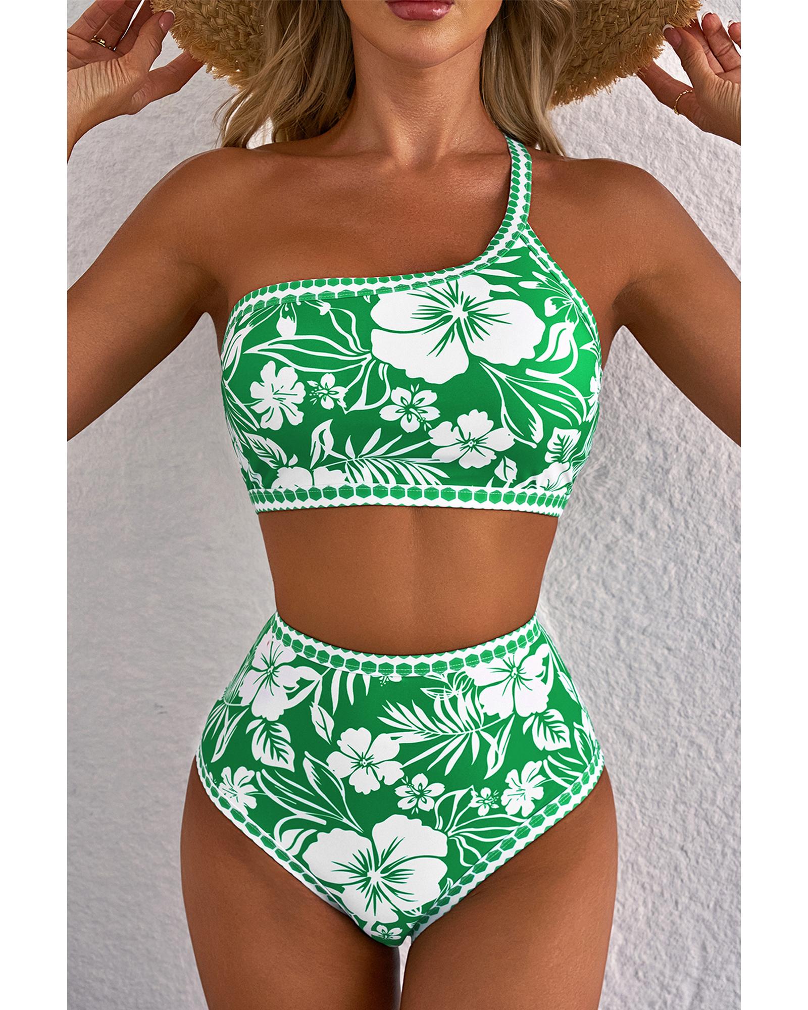 Green Floral Print One Shoulder High Waist Bikini Set - L