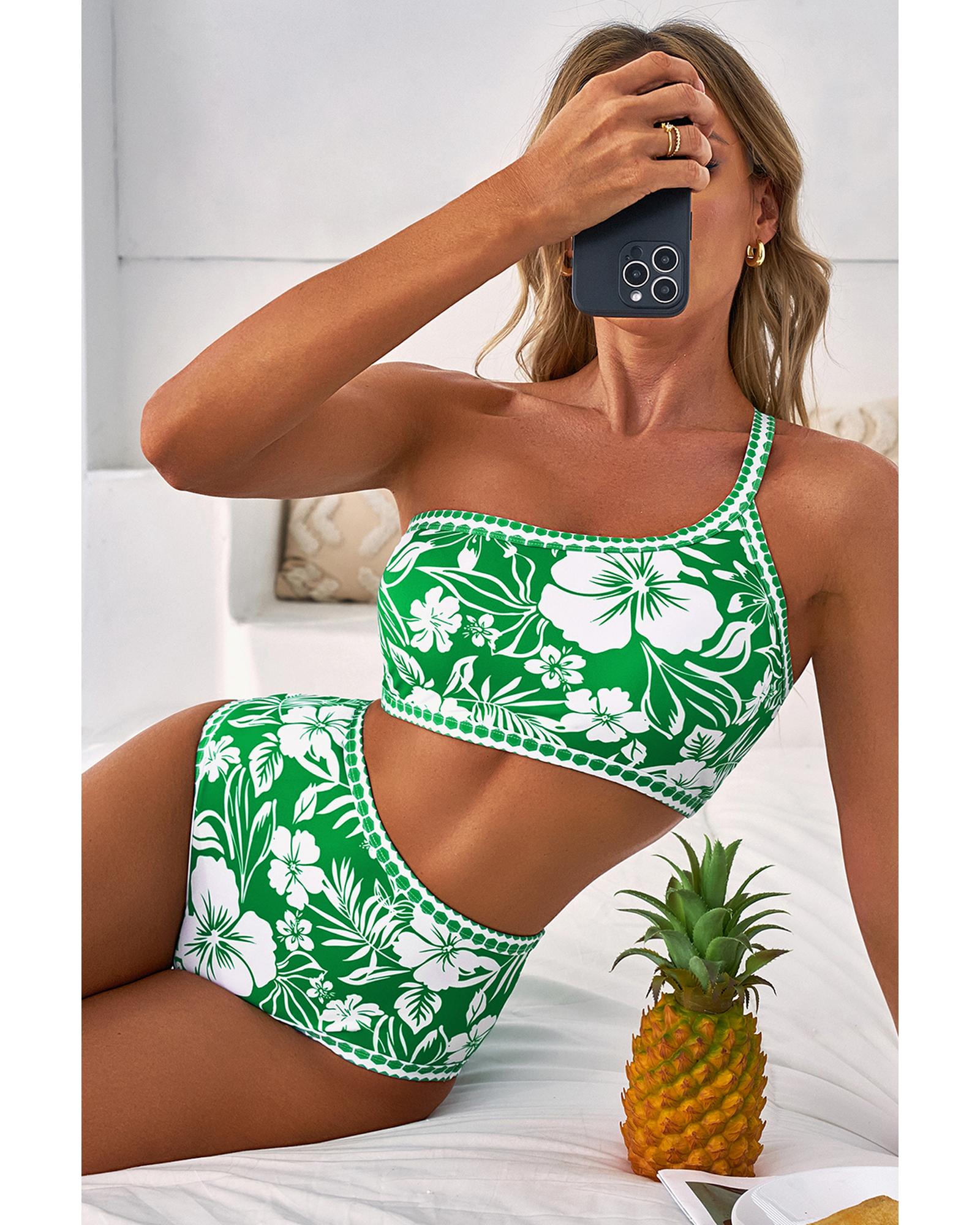 Green Floral Print One Shoulder High Waist Bikini Set - L
