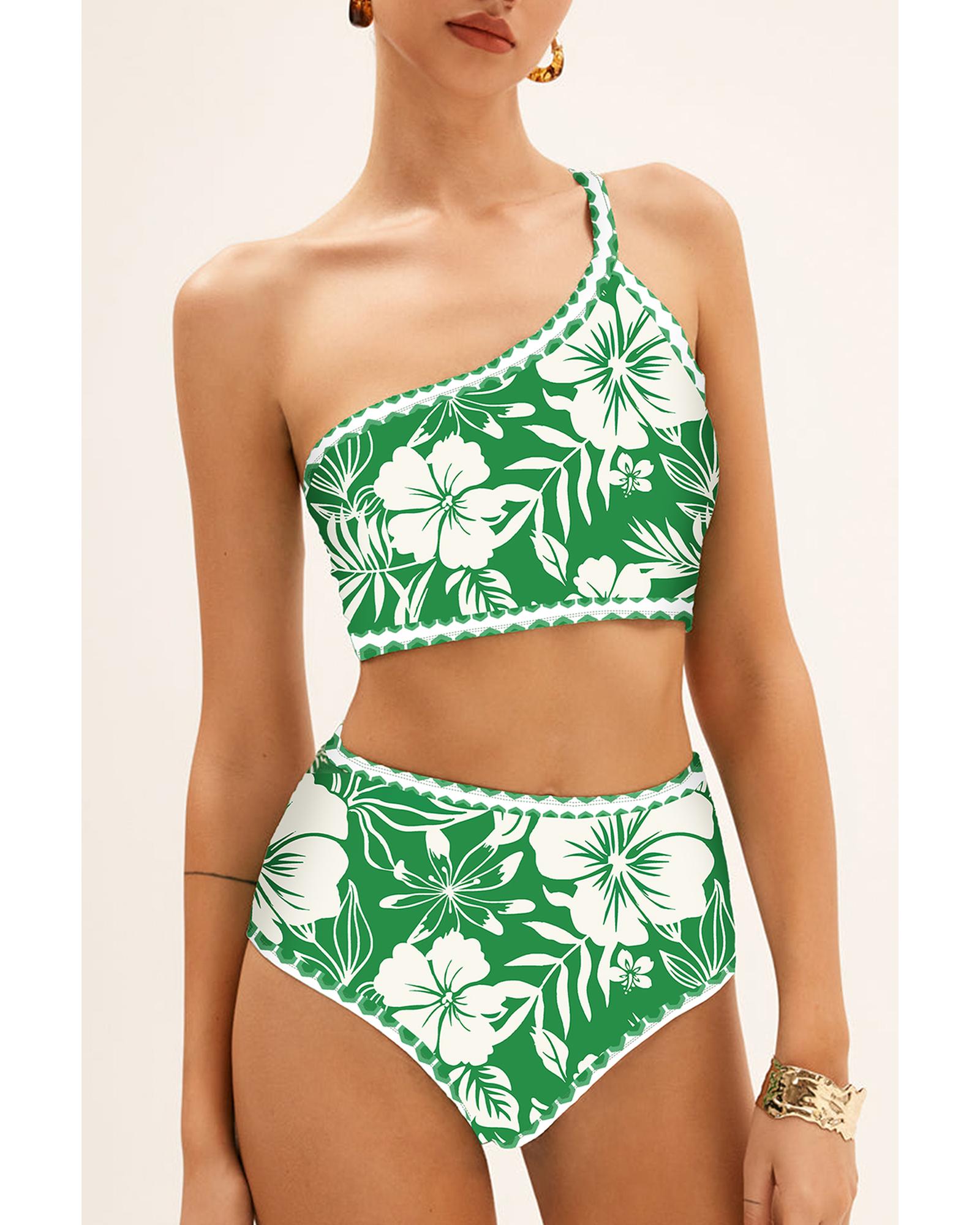 Green Floral Print One Shoulder High Waist Bikini Set - L