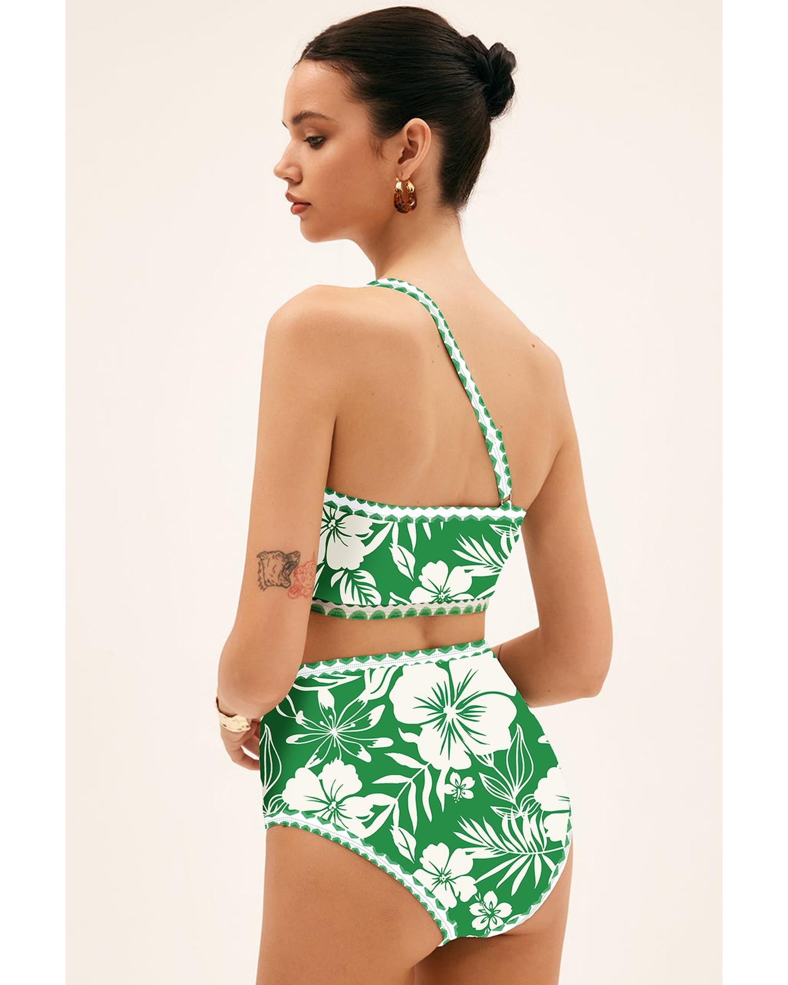 Green Floral Print One Shoulder High Waist Bikini Set - L